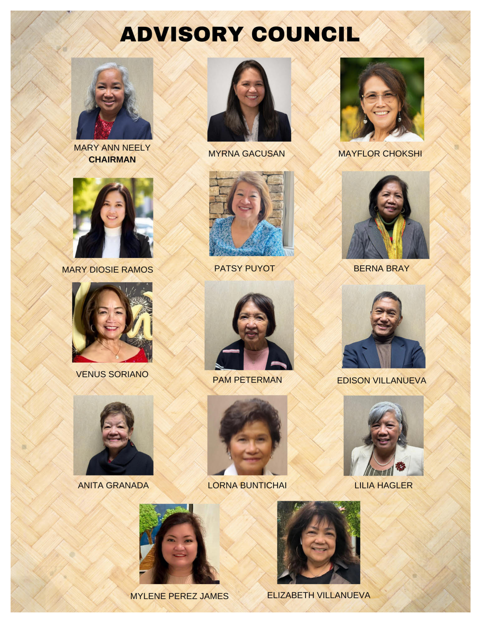 Group photo of advisory council members with individual photos and names, arranged on a wooden background. The top row has the title 'Advisory Council' and three women, including the chairman. The middle row features five women, and the bottom row sh