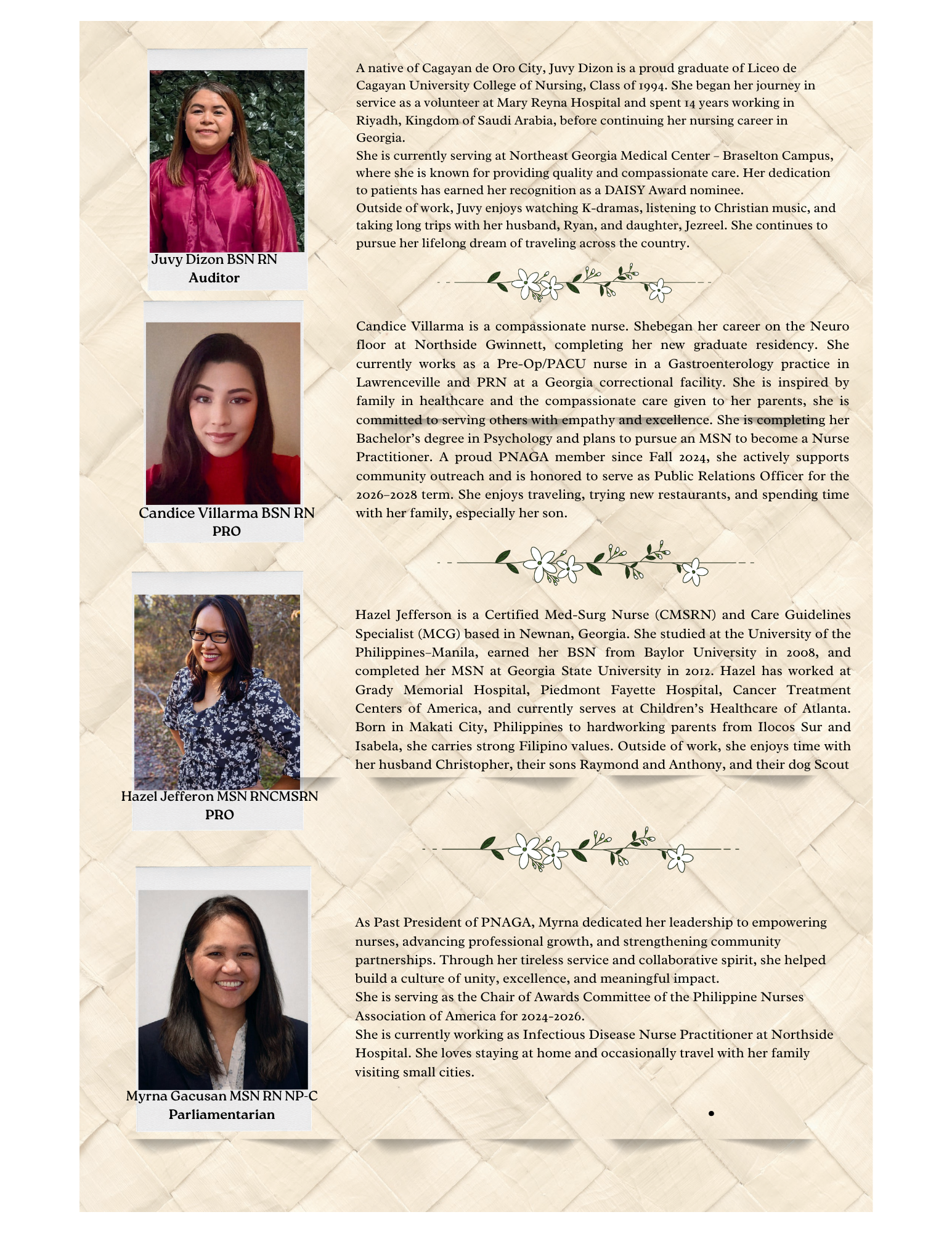 A collage of four profiles of nurses and healthcare professionals with photographs and descriptions, featuring Juvy Dizon, Candice Villarma, Hazel Jefferson, and Myrna Gacusana.