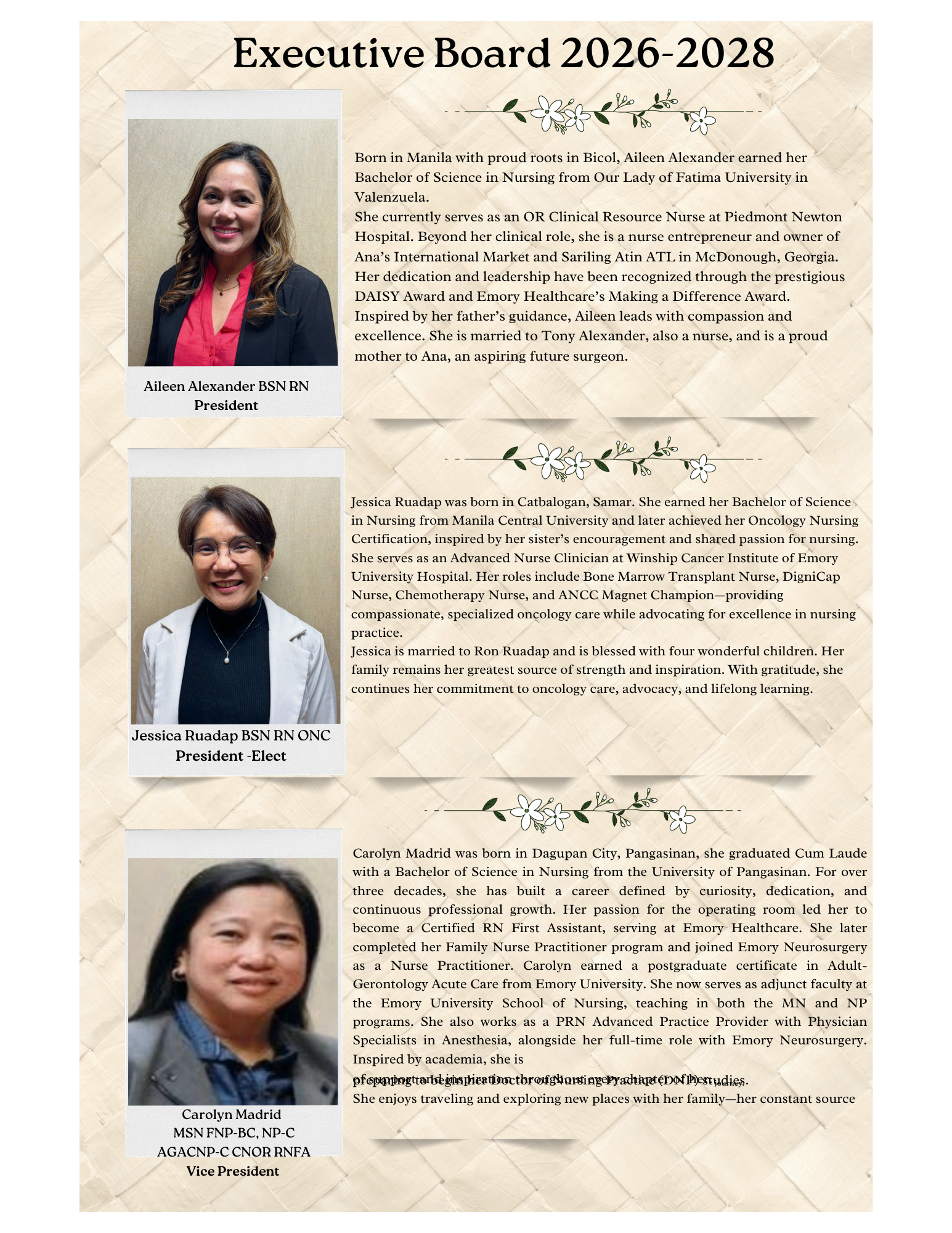 An organizational chart titled 'Executive Board 2026-2028' featuring three women with their professional information and photos. The first is Aileen Alexander, BSN RN, President, with shoulder-length hair, wearing a black blazer and red top. The seco