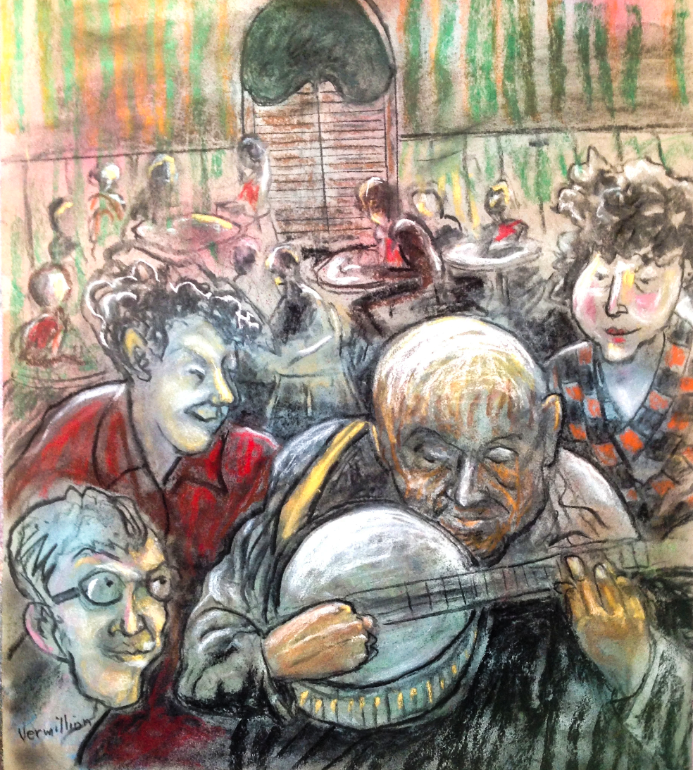 A colorful, expressive painting of elderly and young women in a lively social setting, with a man playing guitar in the foreground and women enjoying the music and conversation.