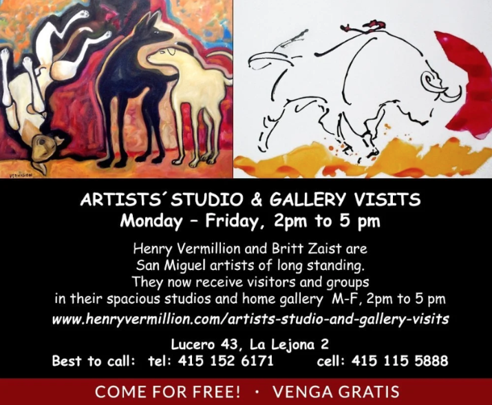 Advertisement for artists' studio and gallery visits with information about dates, times, and artists Henry Vermillion and Britt Zais, along with images of animals, including horse-like figures, in abstract art styles.