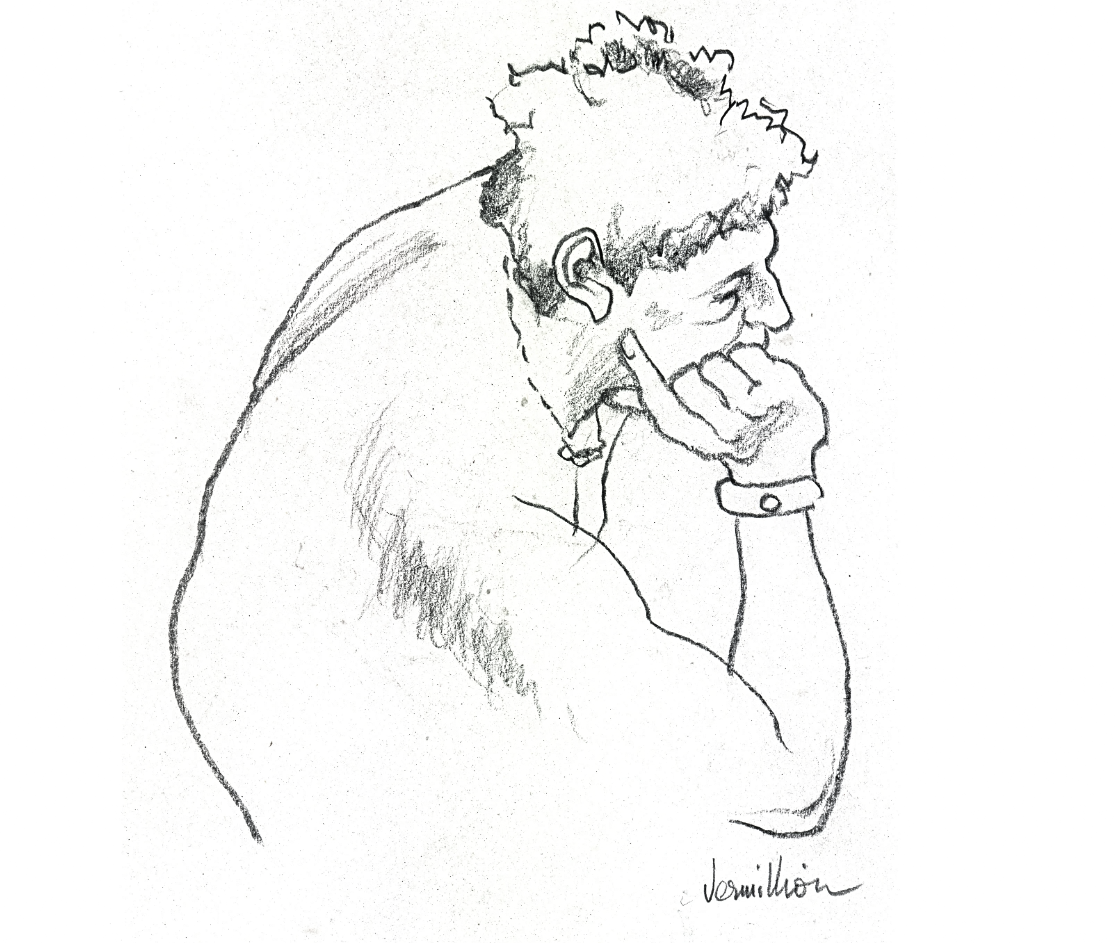 A pencil sketch of a person with curly hair, resting their chin on their hand, wearing a bracelet, in a contemplative pose.