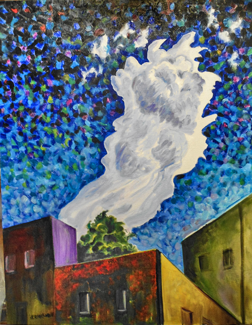 Colorful painting depicting buildings with green, purple, red, and yellow walls, and a blue, purple, and black night sky with a large white cloud or smoke rising from behind the buildings.