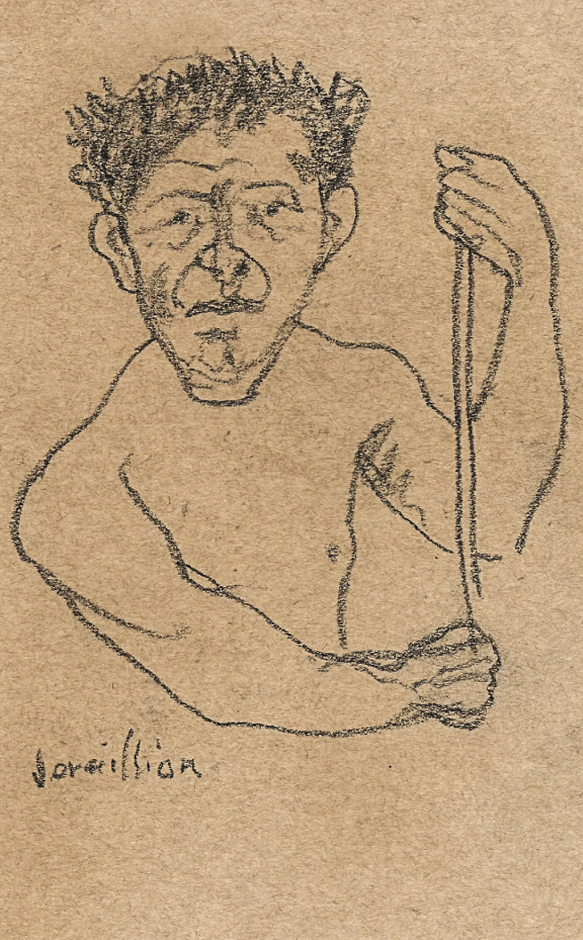 A line drawing of a shirtless man with curly hair, holding a stick or rod, with a serious facial expression, signed by the artist.