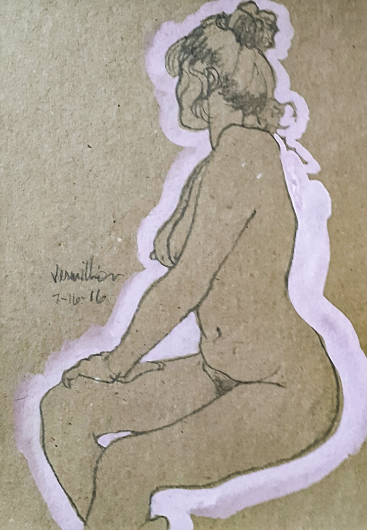 Line drawing of a seated nude woman with curly hair, outlined in black with a light purple background.