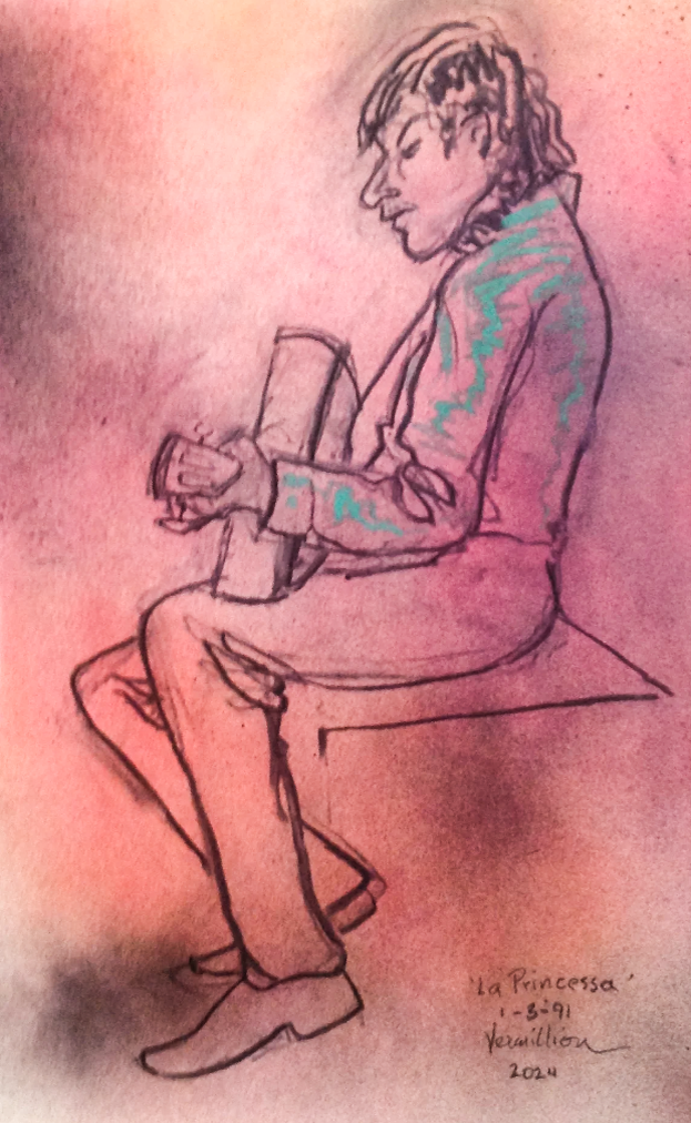 Line drawing of a woman sitting on a bench, holding a book and facing left, with curly hair in a ponytail, wearing a jacket and pants.
