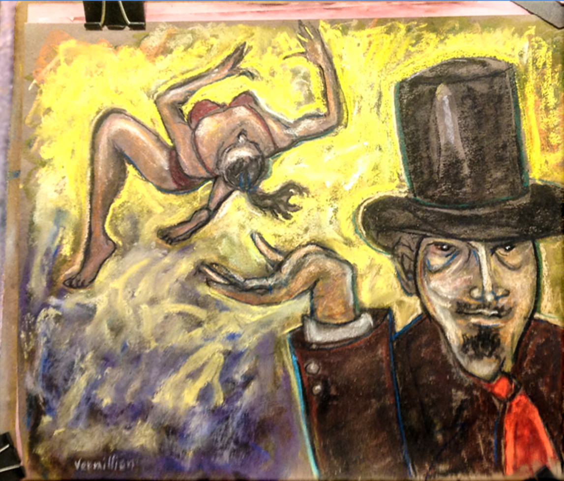 An abstract painting with a woman in red underwear floating above a colorful background, and a man in a top hat and dark jacket with a red tie in the foreground.
