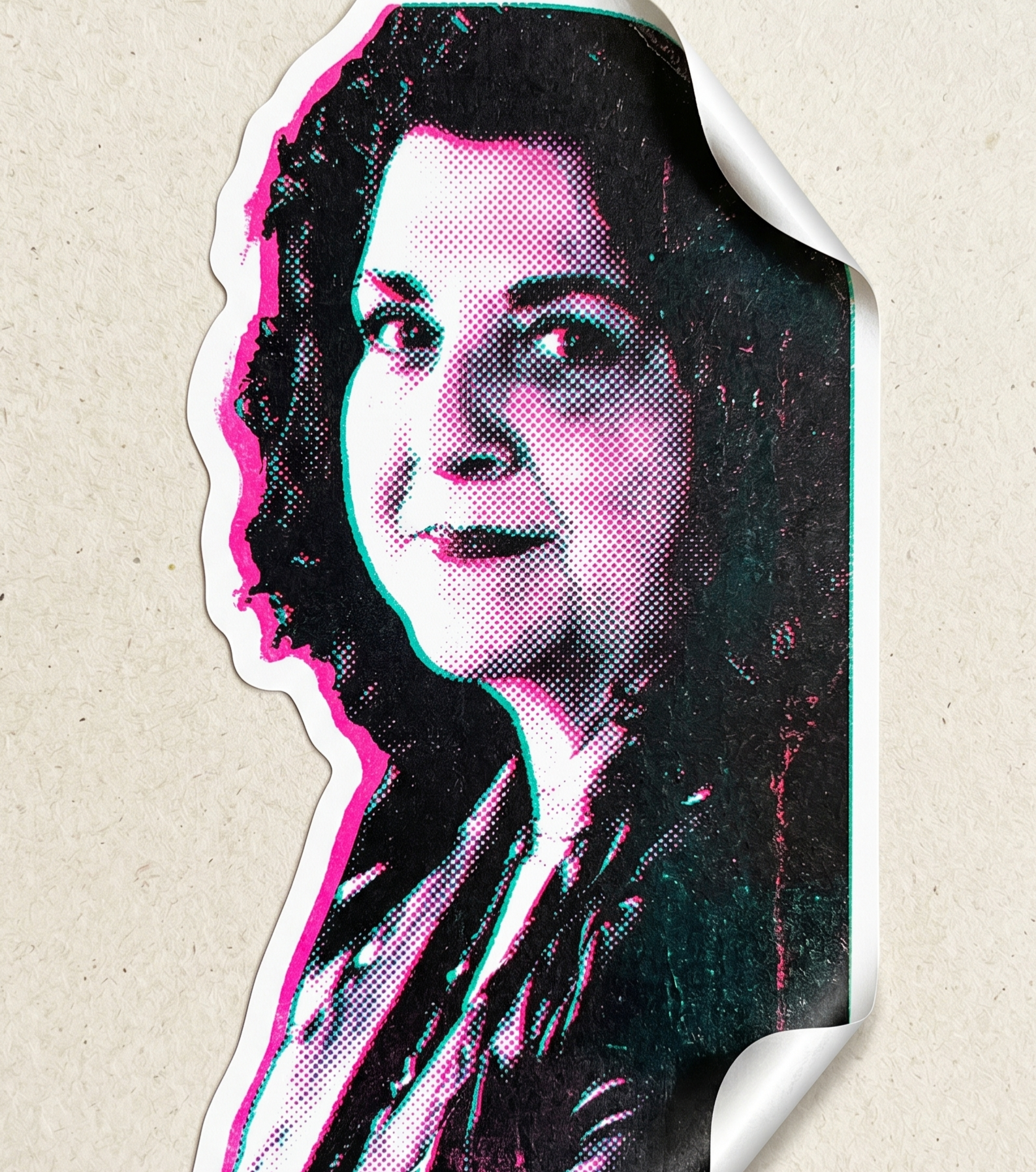 Sticker of a stylized portrait of a woman with dark hair, in a pop art style with pink, teal, and black colors, on a textured beige background.
