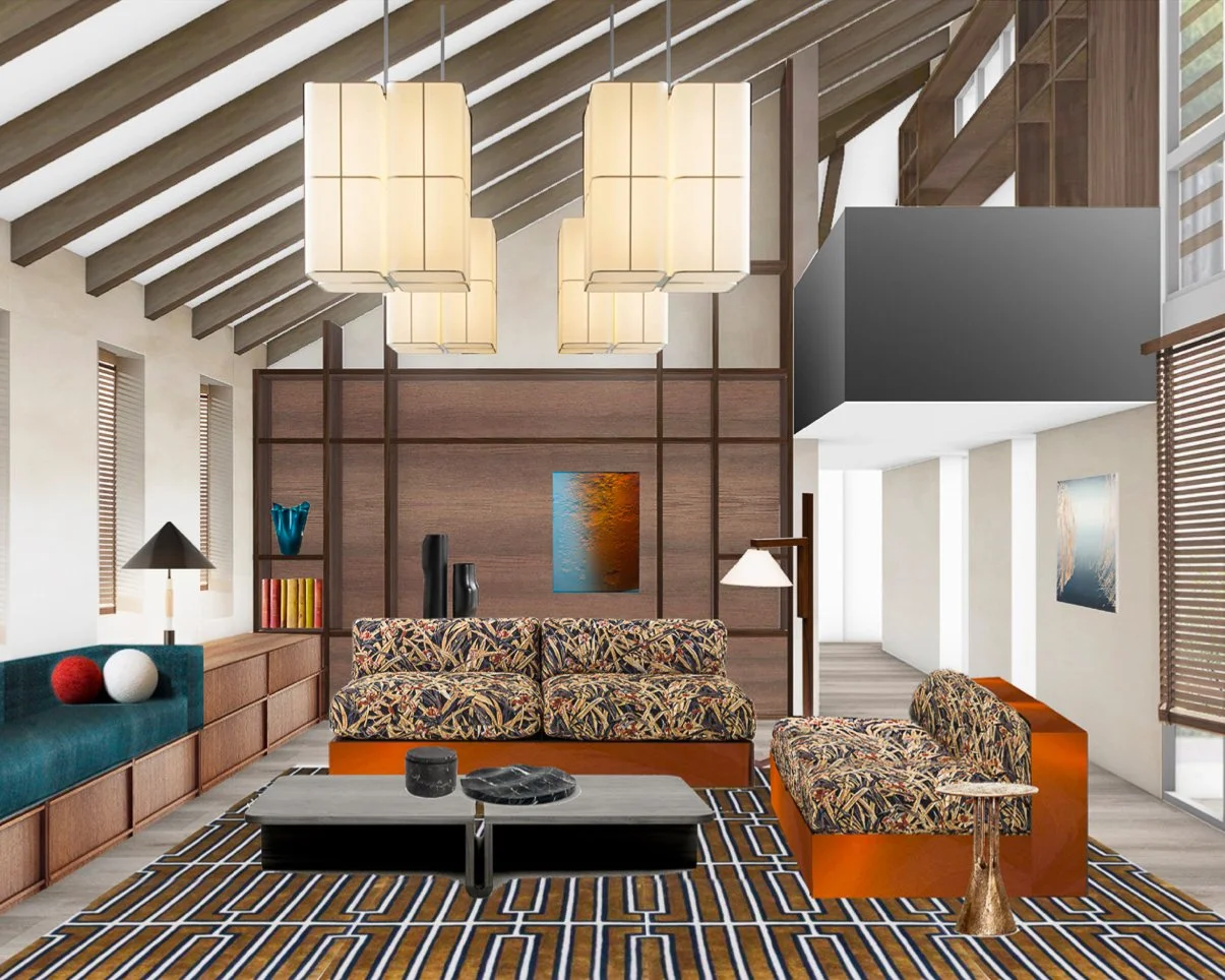 Modern living room with high vaulted ceiling, large pendant lights, and wooden accents. Features patterned sofas, a striped rug, and decorative elements like a floor lamp and artwork.