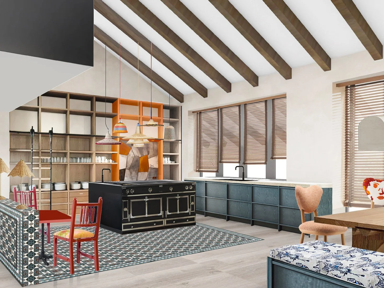 Modern kitchen and dining area with wooden beams on the ceiling, large windows with wooden blinds, a black stove, open shelving with dishes, and colorful chairs and decor.