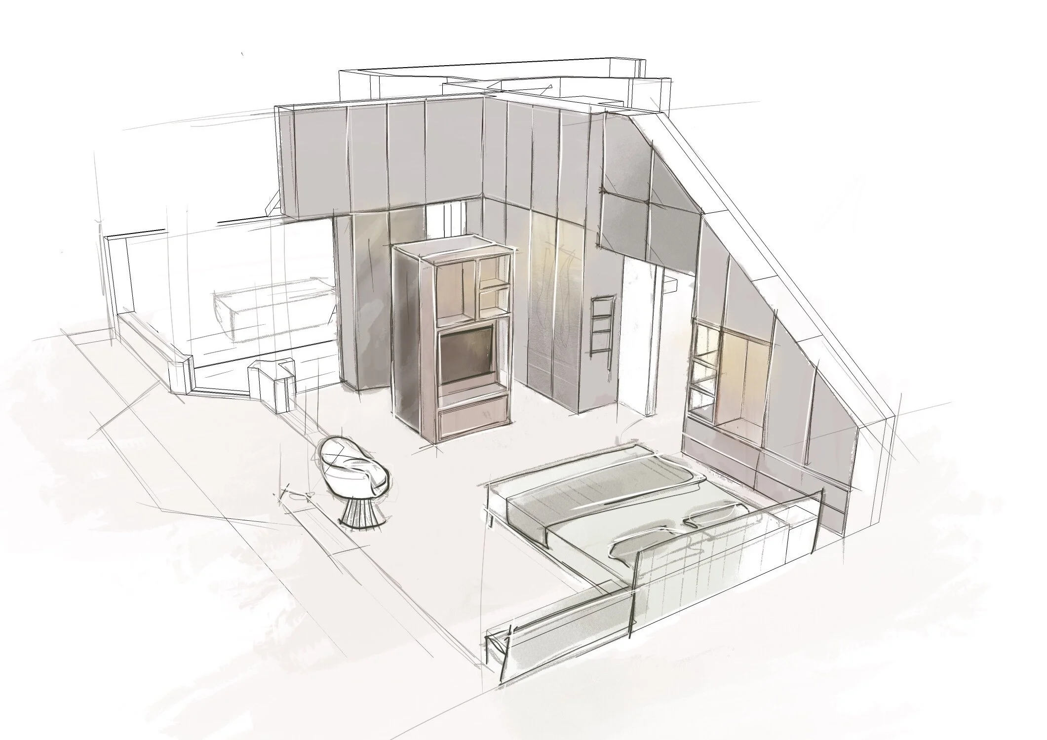 Sketch of a modern interior room with a bed, an armchair, a built-in entertainment center, and large sliding doors leading to a closet or storage area.