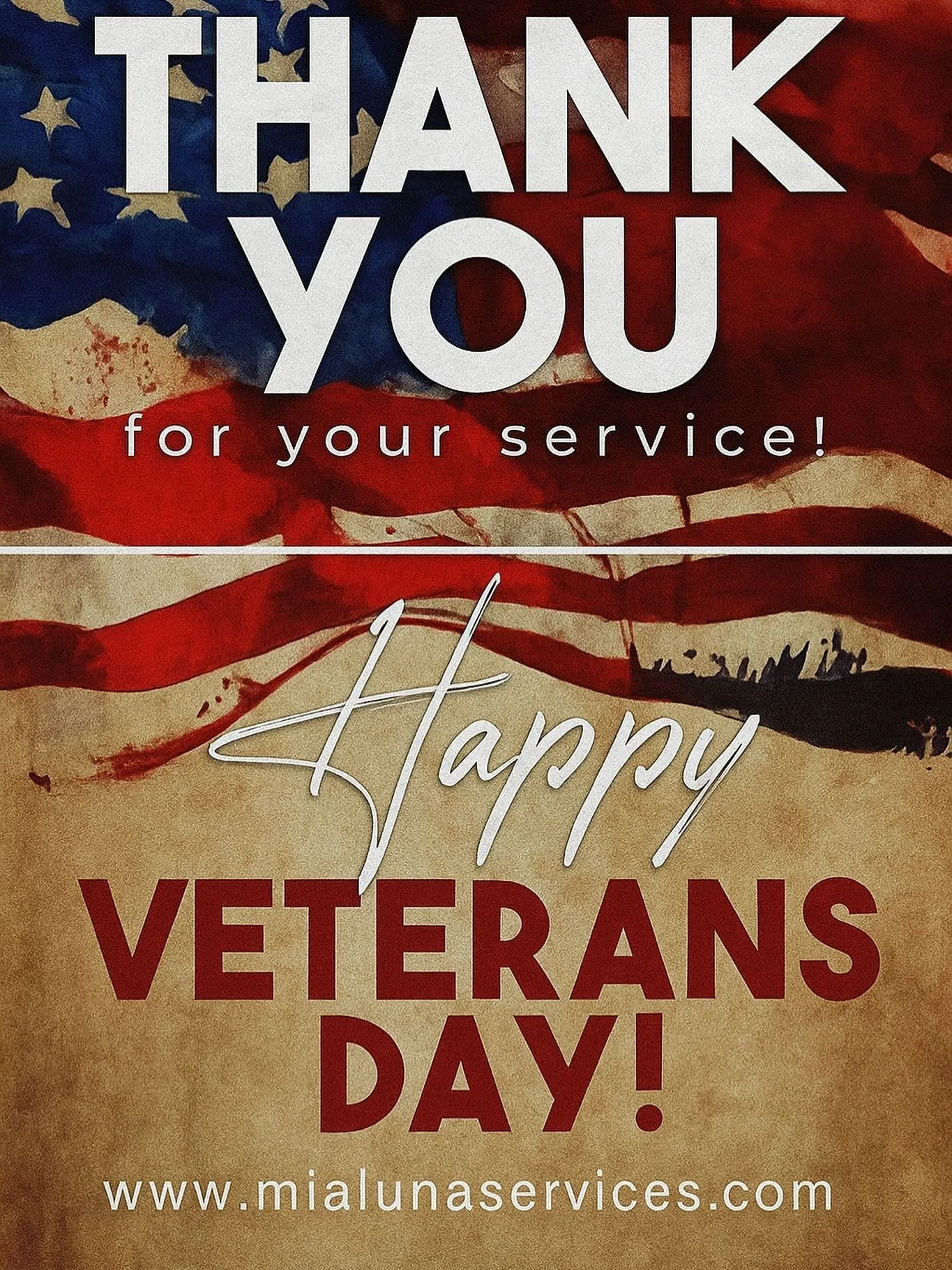 🇺🇸 Happy Veterans Day!

To all who have served &mdash; we salute your courage, strength, and sacrifice.
Your dedication reminds us that freedom is never free.

With gratitude,
✨ @mialunaservices

www.mialunaservices.com

#VeteransDay #ThankYouVeter