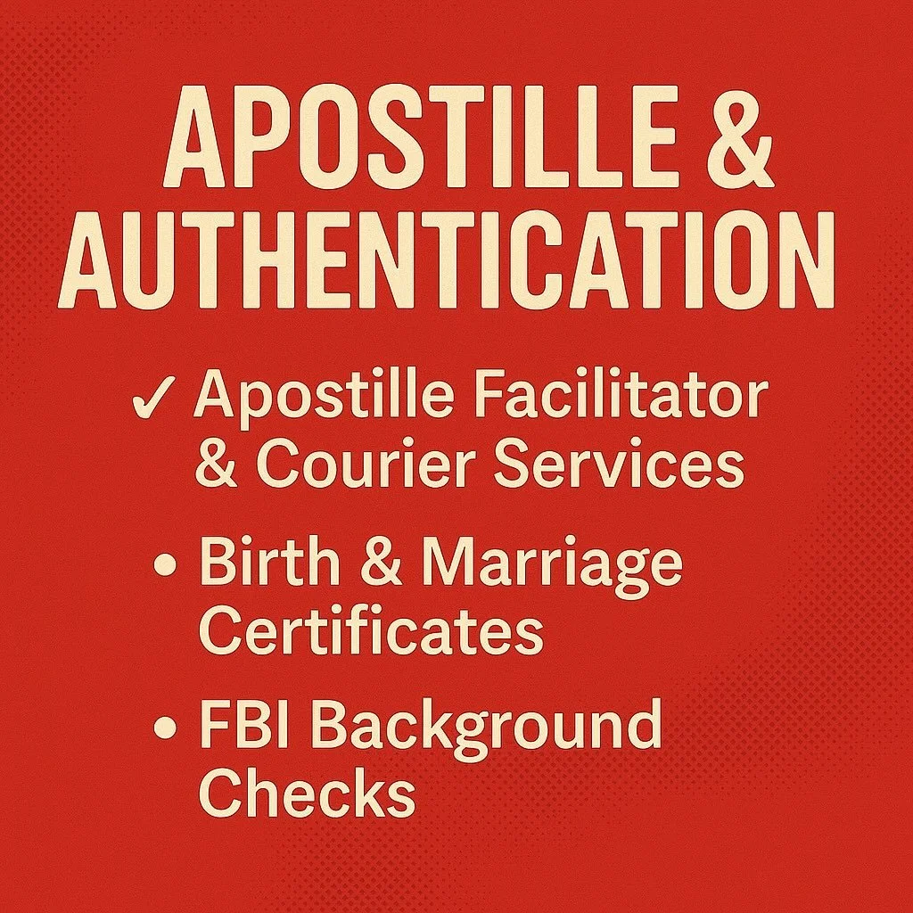 🌎 Apostille &amp; Authentication Services

We handle your documents with care &mdash; quickly, securely, and professionally.

From birth and marriage certificates to FBI background checks, we manage the process so your documents are ready for intern