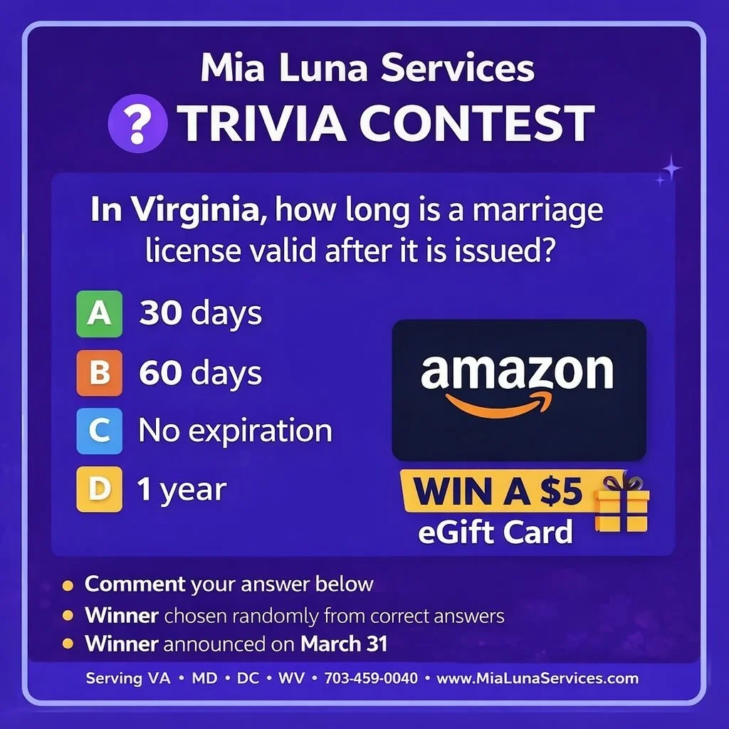 🎁 Win a $5 Amazon eGift Card

TRIVIA CONTEST

Question

In Virginia, how long is a marriage license valid after it is issued?

A️⃣ 30 days
B️⃣ 60 days
C️⃣ No expiration
D️⃣ 1 year

👇 Comment your answer below!

🎁 One person with the correct answer