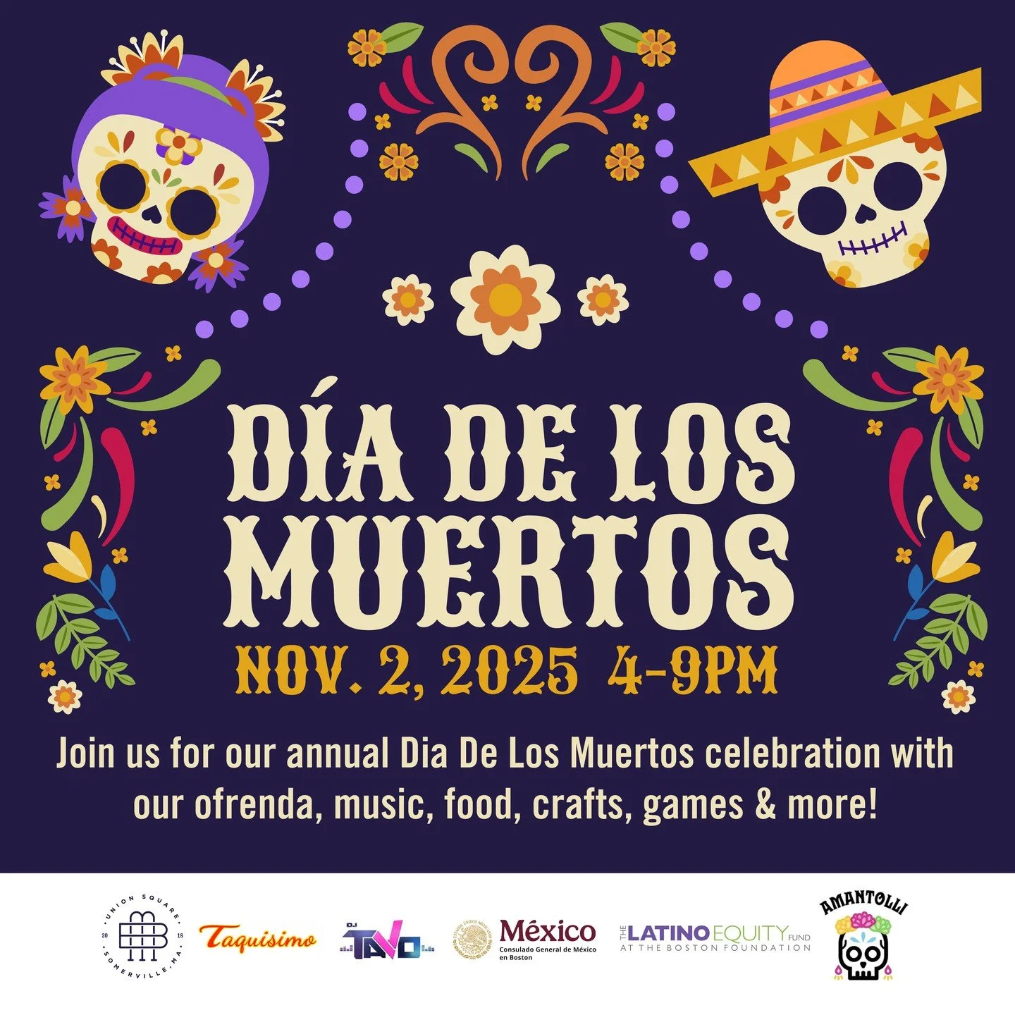 Save the date! D&iacute;a de Los Muertos at Bow Market on Sunday, Nov. 2nd from 4-9pm 🕯️💀🎉⁠
⁠
Hosted by @amantolli.boston with friends @djtavomexicousa + @taquisimotacos. In collaboration with the Mexican Consulate. We&rsquo;re back for our annual