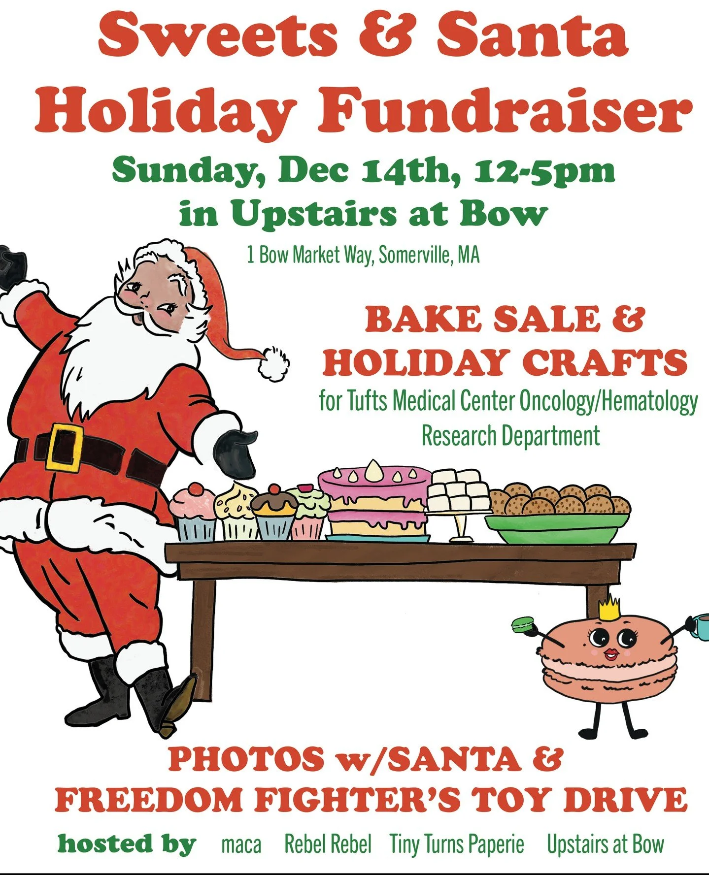 Save the date for the annual Sweets &amp; Santa event in Upstairs at Bow! Hosted by @macaboston, @tinyturnspaperie, @rebelrebelsomerville, and the team at @upstairs.at.bow. On Sunday, December 14th from noon-5pm bring family &amp; friends for a commu