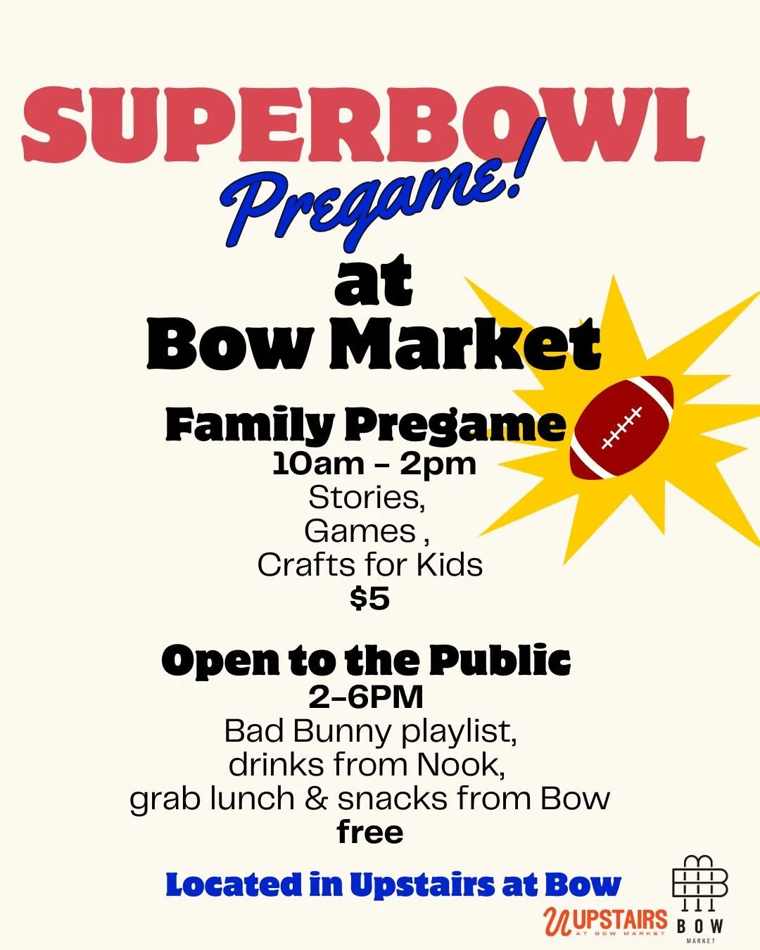 Start game day right at @upstairs.at.bow! Upstairs at Bow will be open before the Super Bowl on 2/8 with morning family-friendly pregame fun and the ultimate afternoon pregame party before kick off 🏈🎉⁠
⁠
Family Pre-Game | 10:00 AM &ndash; 2:00 PM⁠
