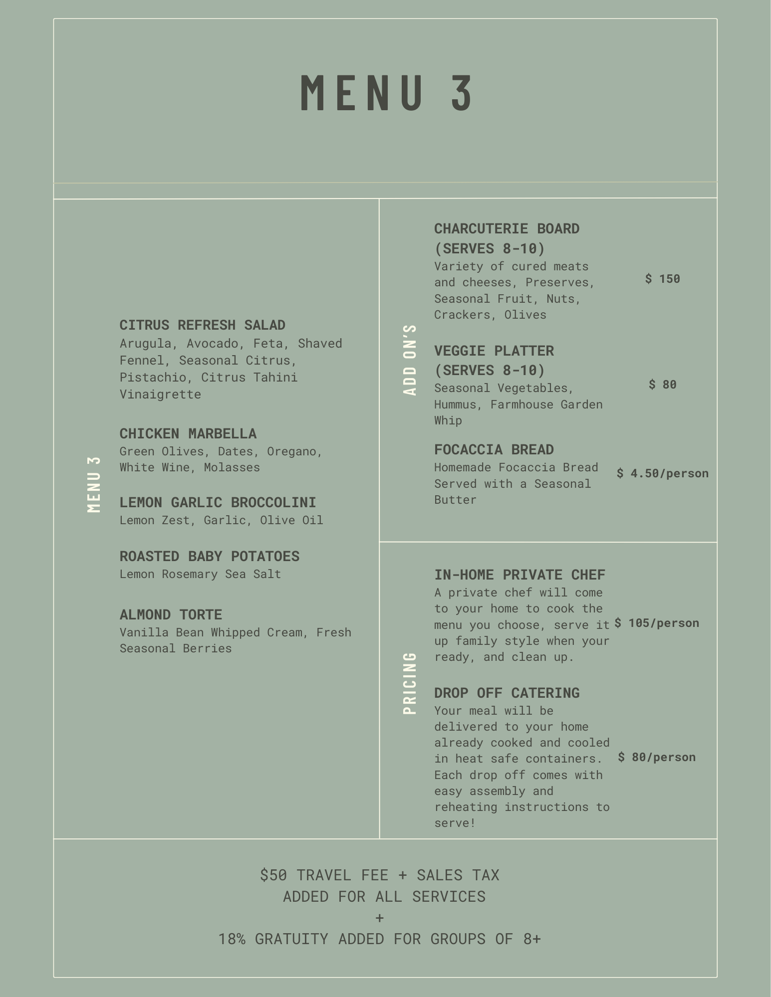 Menu 3 with various food options, add-ons, and pricing details. Main dishes include Citrus Refresh Salad, Chicken Marbella, Lemon Garlic Broccolini, Roasted Baby Potatoes, Almond Torte. Add-ons feature Charcuterie Board, Veggie Platter, and Focaccia 