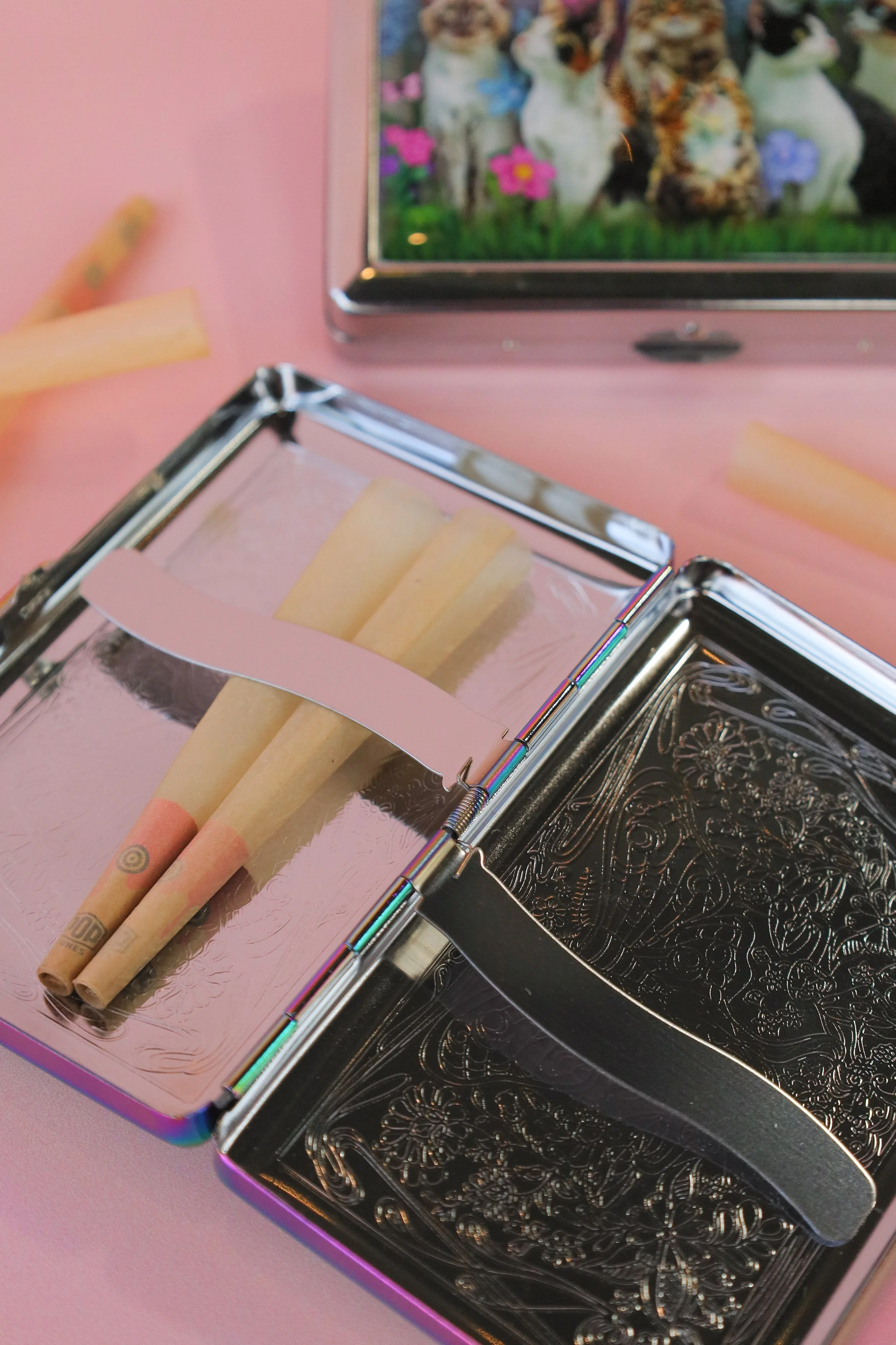 Hard metal pre-roll case with double-sided whimsical Cat Garden print, compact pocket-friendly design, and snap closure by Prairie and Luna.