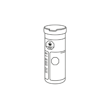 Line drawing of a prescription medication bottle with a cannabis leaf and THC symbol on the label.