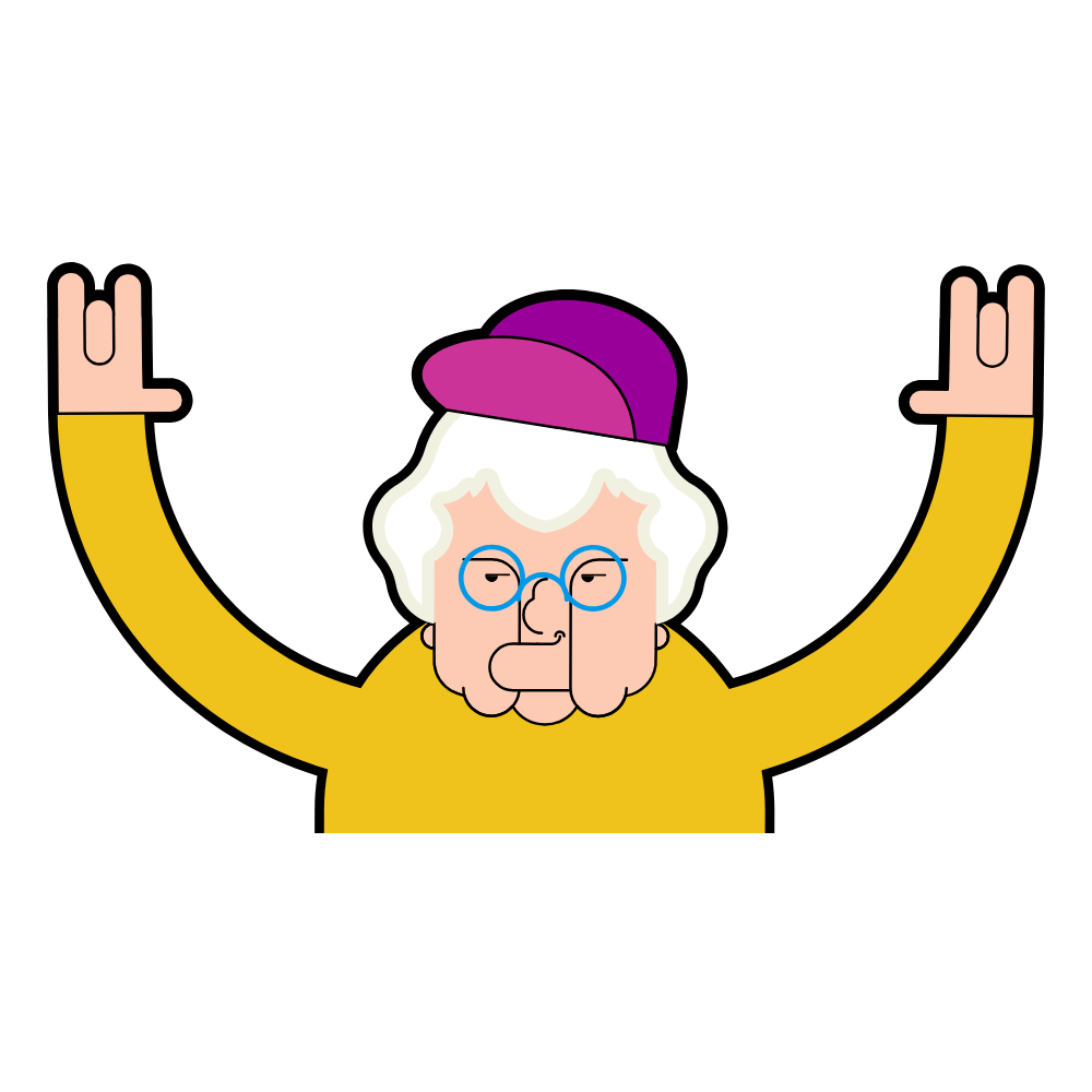 Cartoon character with white hair, wearing a purple baseball cap, yellow shirt, and round glasses, raising both hands with fingers forming a peace sign.
