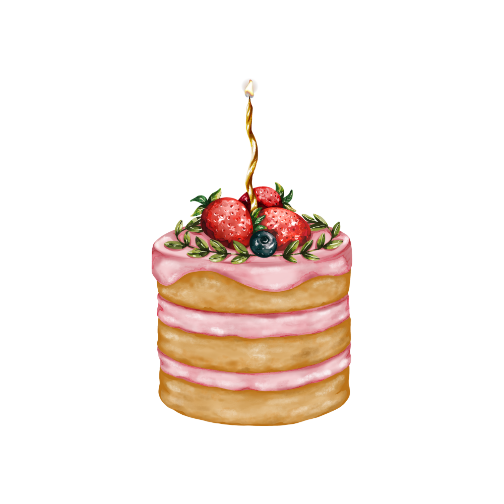 A layered cake with pink frosting, topped with strawberries, blueberries, and green leaves, with a lit birthday candle in the center.
