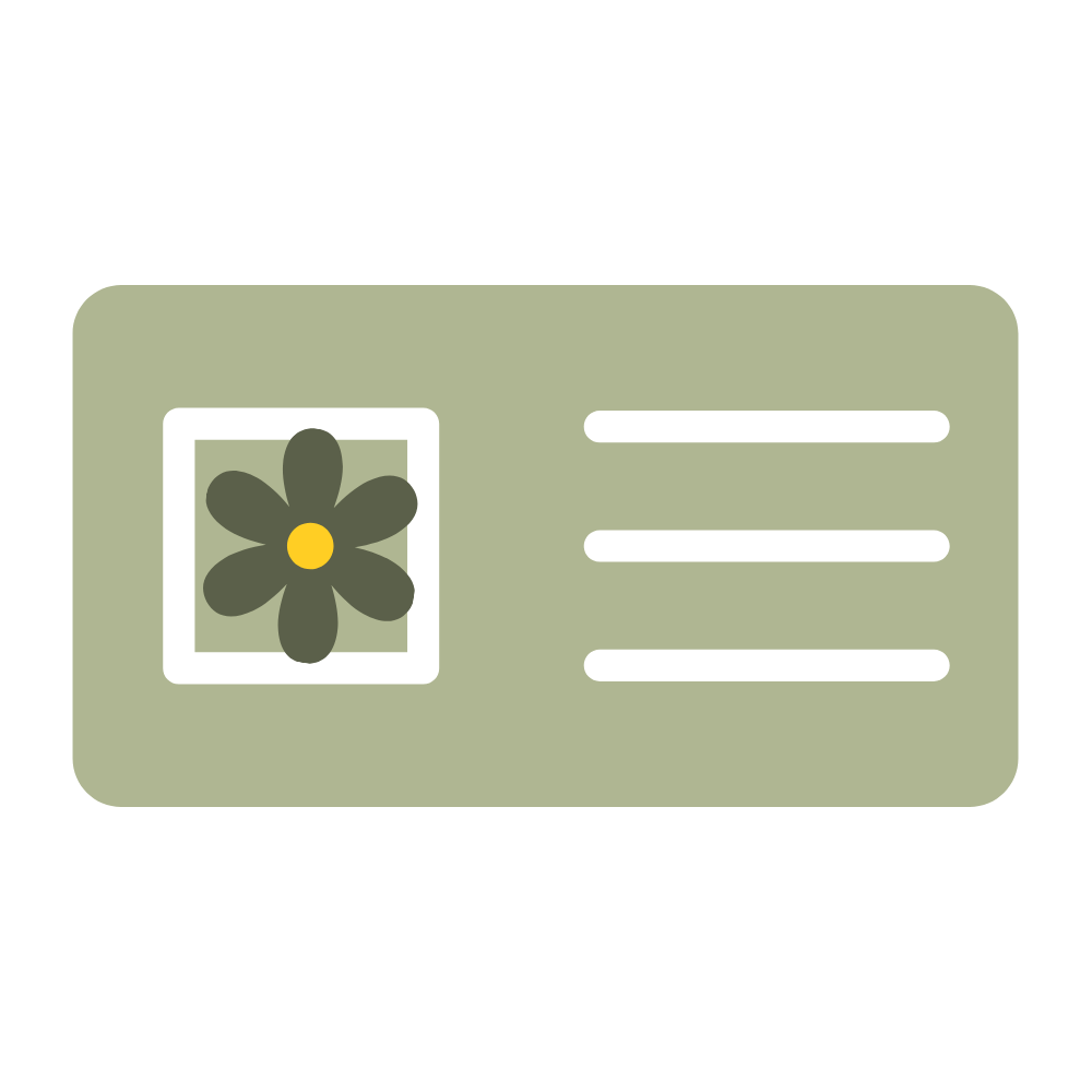Illustration of an ID card with a flower photo and horizontal lines representing text.