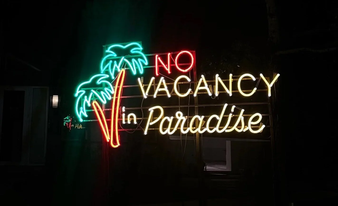 (NO) Vacancy in Paradise, 2024. 34½ x 73¾ in. (87.63 x 187.32 cm). 89 x 73 3/4 in. (with stand) 226.06 x 187.32 cm (with stand). 
$38,500