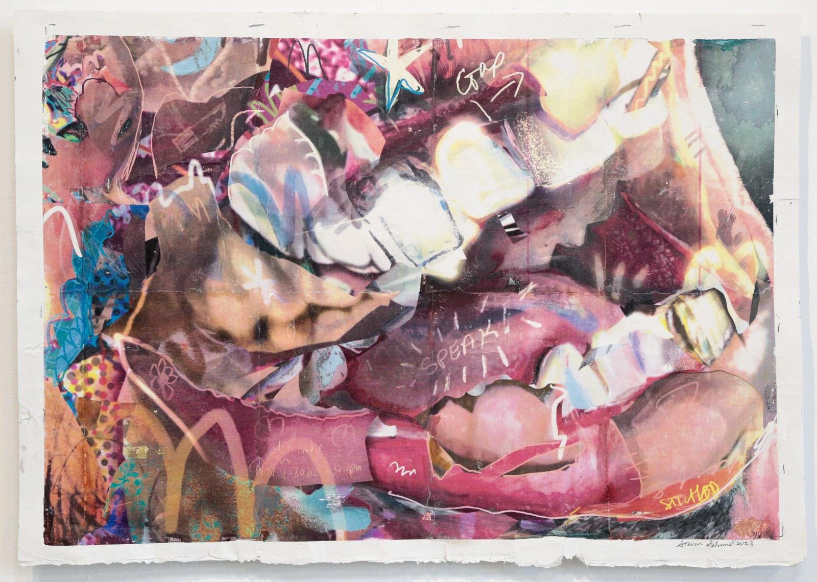 Steven Schmid: All Teeth 3, 2023. Acrylic, Assemblage, Colouring Pencils, Image Transfer on Handmade Paper. 21¾ x 31¾ in. (55.24 x 80.64 cm). $2,530. Framed.