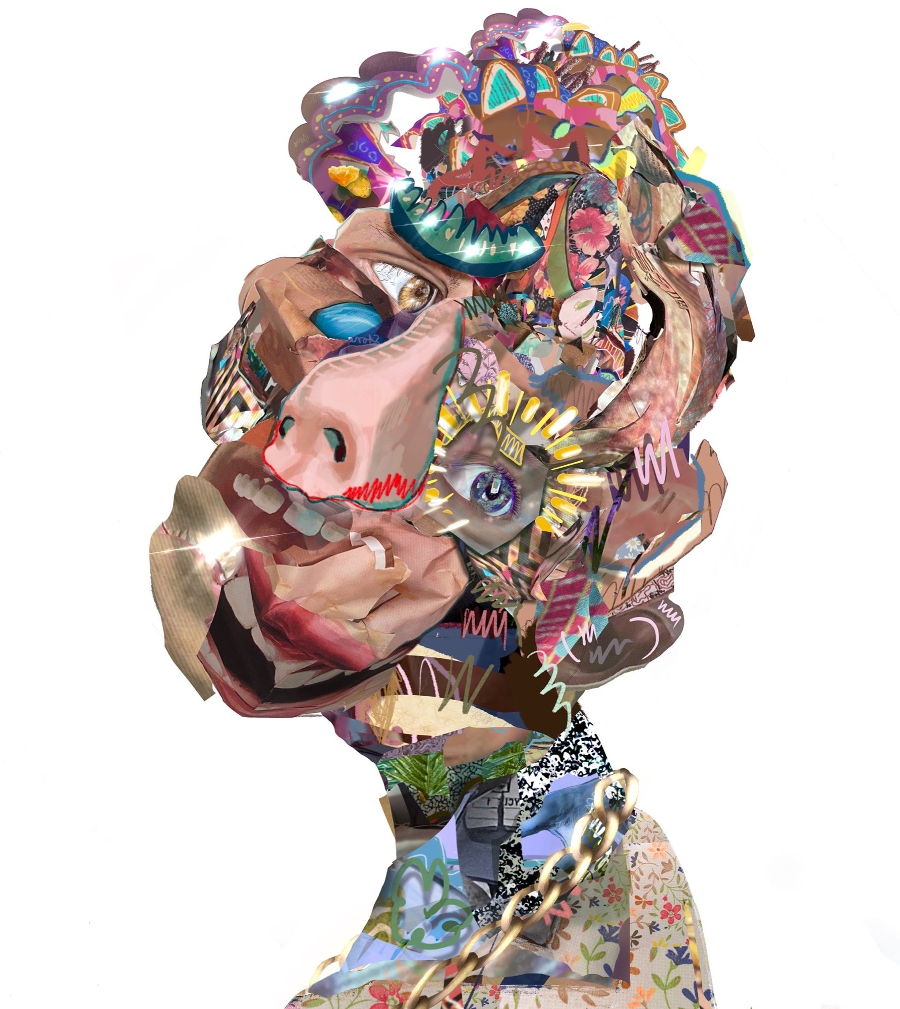 Steven Schmid: Admiring The Stars 2, 2021. Digital assemblage, coloring pencils, crayola markers on paper. 27 x 22 in (68.6 x 55.9 cm). $2,200. Framed.