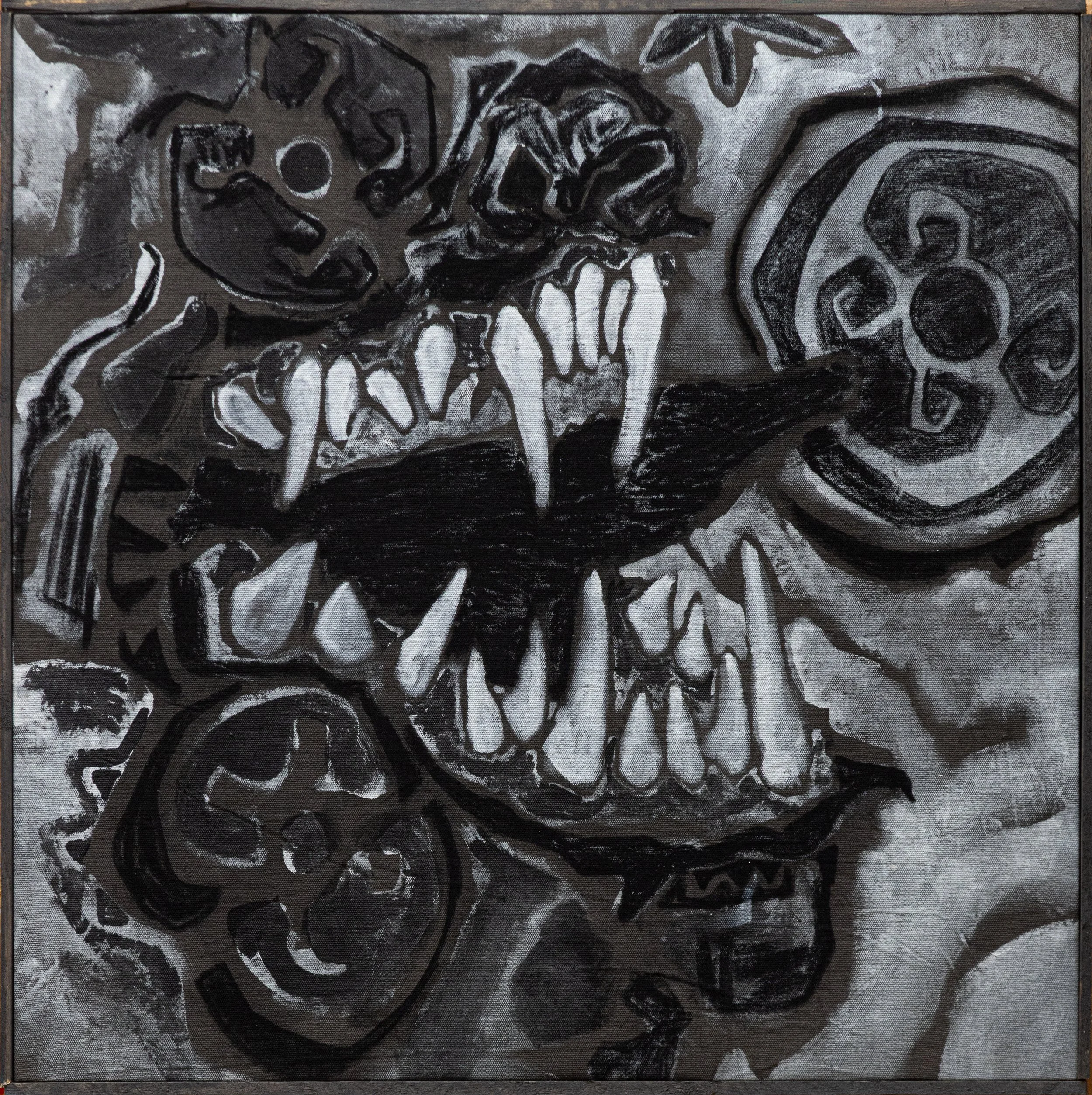 Matthew David Rahming: I laugh and I eat well, 2026. Acyrlic and charcoal on canvas. 27 x 27 in. (68.58 x 68.58 cm). Framed. $3,850