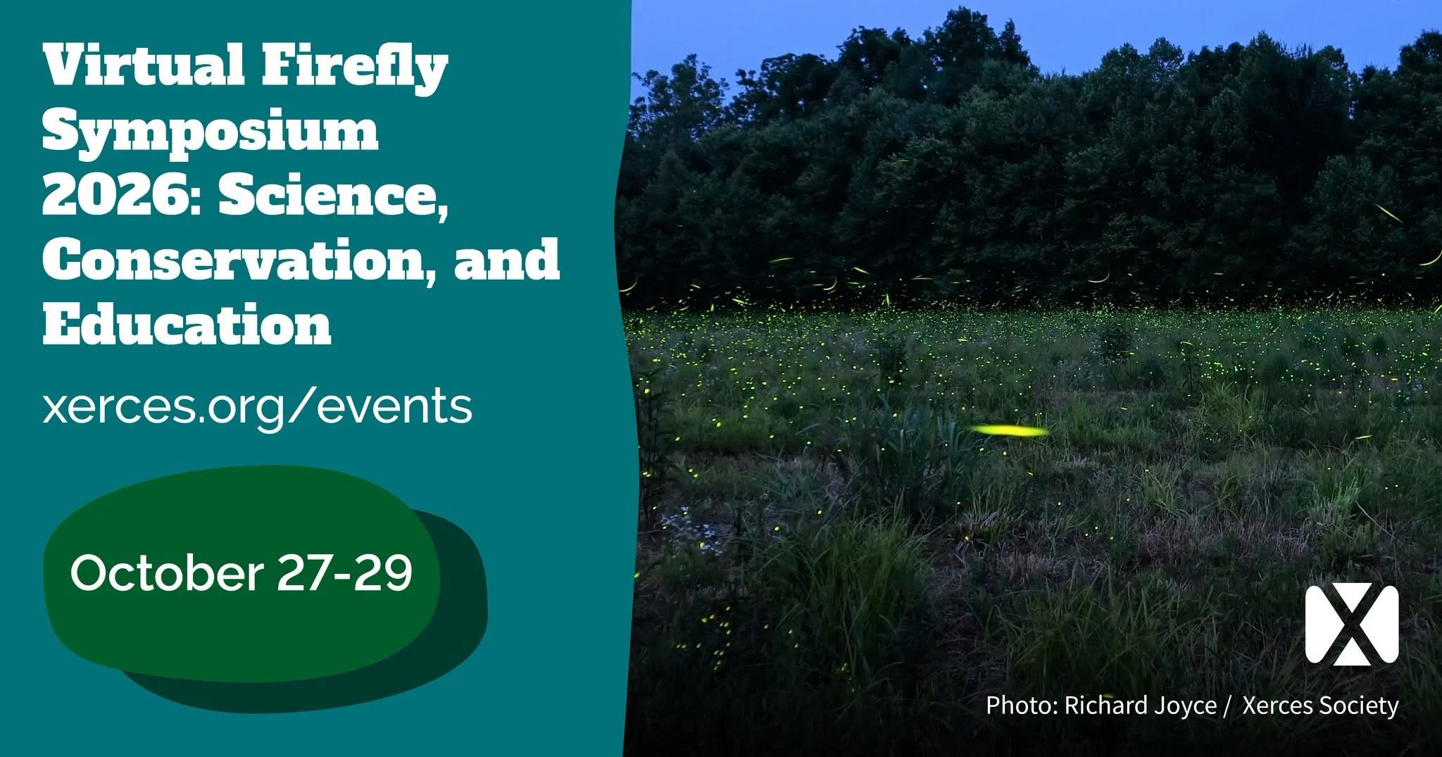 A promotional banner for the Virtual Firefly Symposium 2026, showing a night scene with glowing fireflies over a pond and trees, with event dates October 27-29 and a website link, hosted by the Xerces Society.