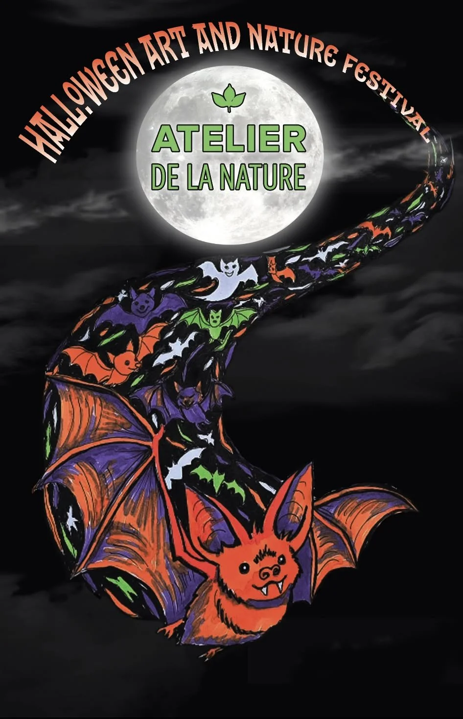A promotional poster for a Halloween art and nature festival featuring a full moon and a colorful bat with cartoonish faces on its wings, set against a dark cloudy sky.