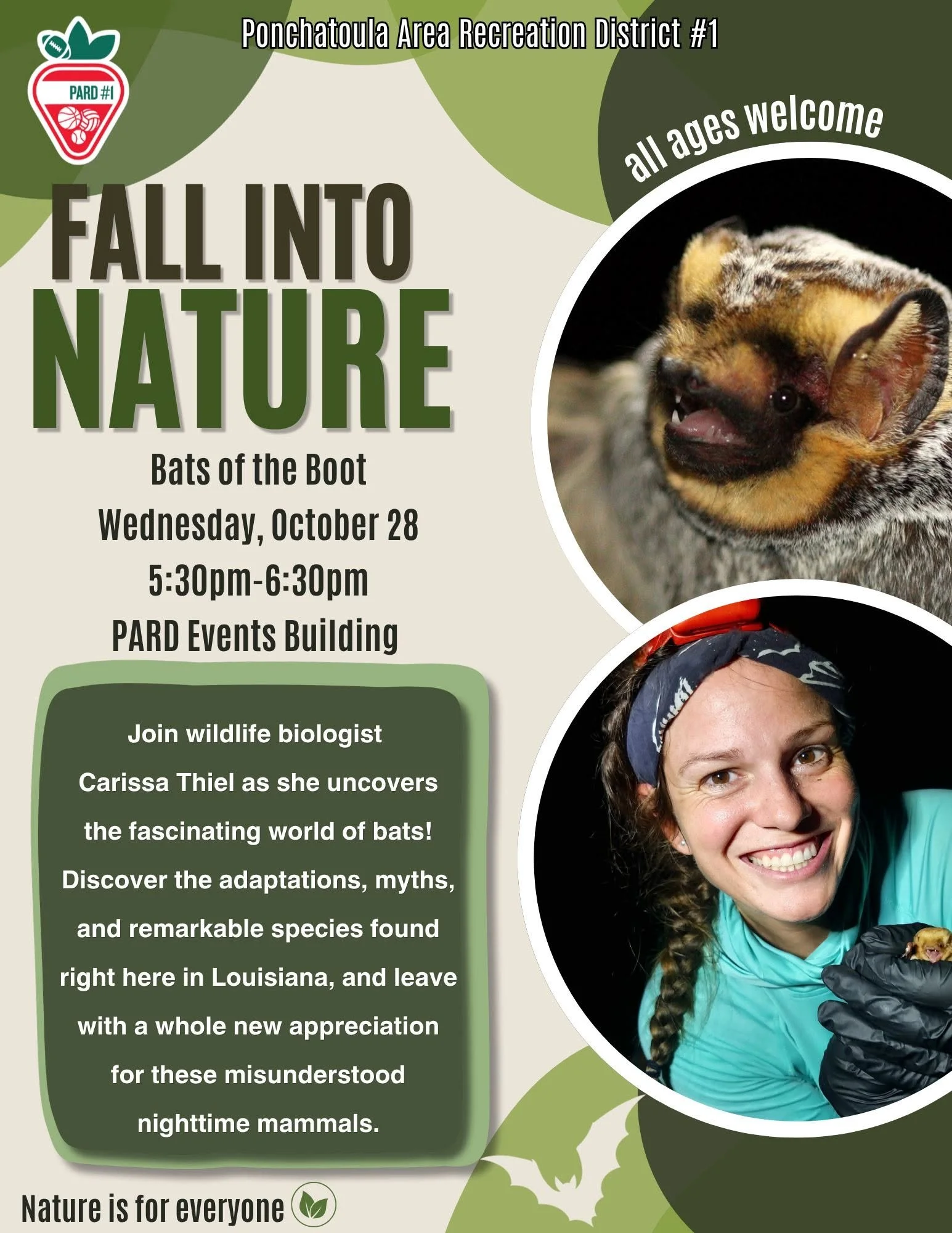 Ponchatoula Area Recreation District #1 Fall Into Nature: Bats of the Boot event flyer featuring a bat and wildlife biologist Carissa Thiel.
