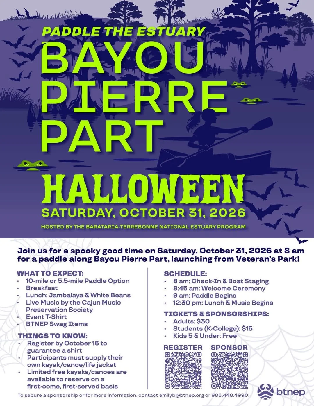 Flyer for Halloween event called 'Paddle the Estuary Bayou Pierre Part,' scheduled for October 31, 2026, hosted by the Barataria-Terrebonne National Estuary Program. Features midnight blue and purple background with silhouettes of frogs, trees, bats,