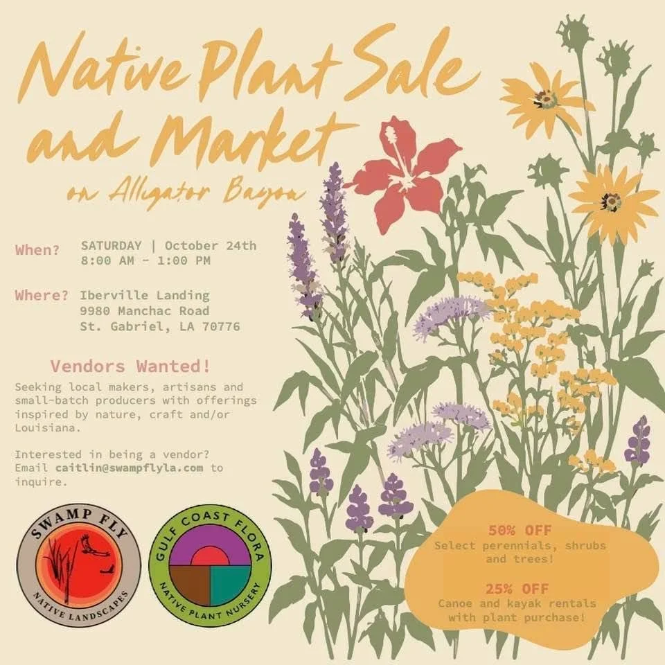 Flyer for Native Plant Sale and Market at Alligator Bayou on Saturday, October 24th from 8:00 AM to 1:00 PM at Iberville Landing, 9980 Manchac Road, St. Gabriel, LA 70776. Features floral illustrations and promotional discounts of 50% off select pere
