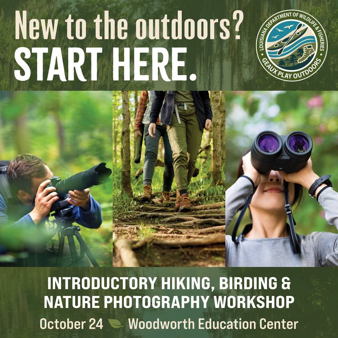 Flyer for an introductory hiking, birding, and nature photography workshop on October 24 at the Woodworth Education Center. The flyer features images of people in nature: one person with binoculars, another hiking, and a third with a camera. The top 