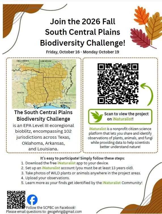 Flyer promoting the 2026 Fall South Central Plains Biodiversity Challenge from October 16 to October 19. Features a map of Texas, Arkansas, Oklahoma, and Louisiana, a QR code, social media icons, and autumn leaves decorating the top right corner.