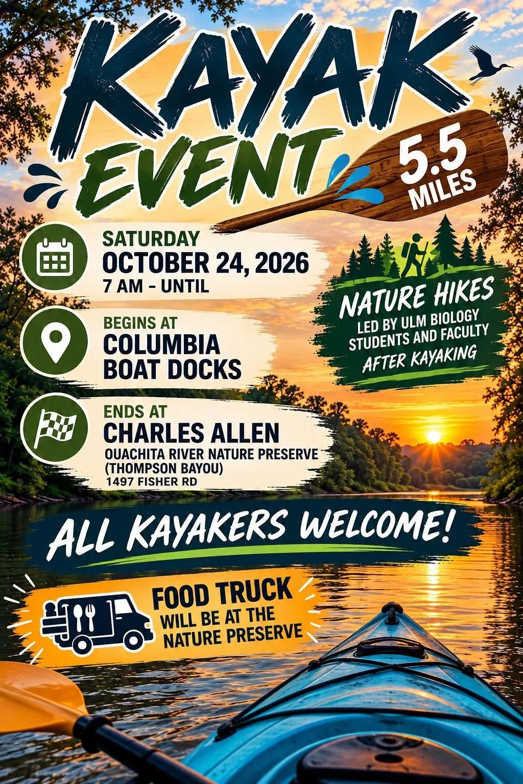 Poster for a kayaking event showing sunset over a river, with a kayak in the foreground and a paddle with water splashes. The poster provides details about the event, including date, time, location, start and end points, and activities like nature hi