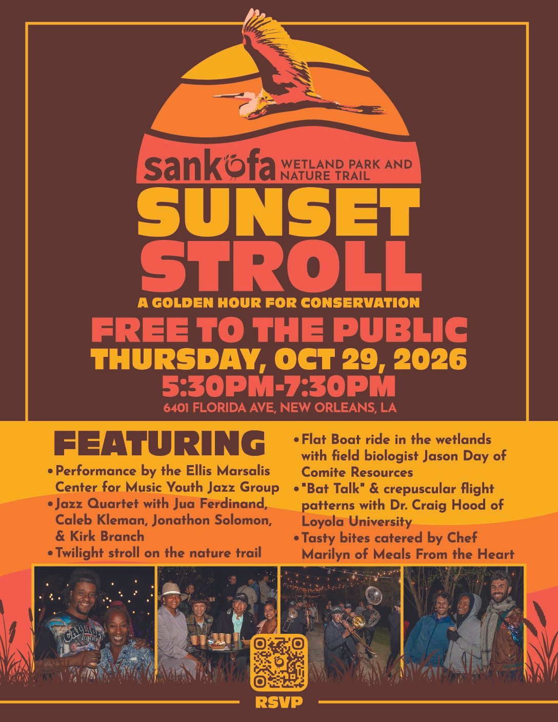 Event poster for Sankofa Wetland Park and Nature Trail Sunset Stroll, featuring a sunset with a flying bird, information about the event on October 29, 2026, from 5:30 pm to 7:30 pm, at 6401 Florida Ave, New Orleans, LA. Includes details of activitie