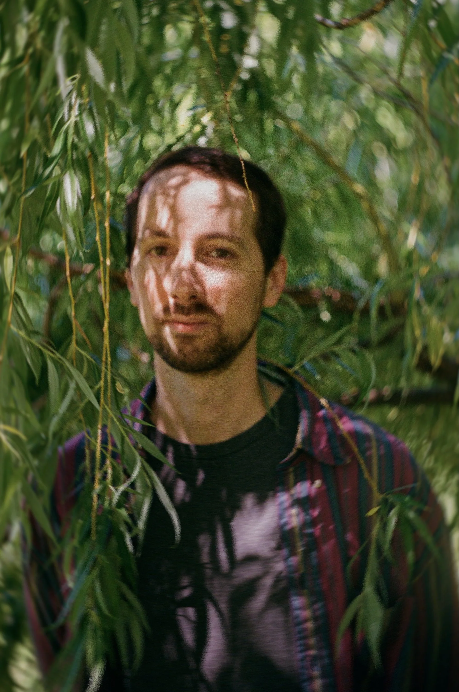 Young man with mustache and beard standing among leaves of a willow tree.