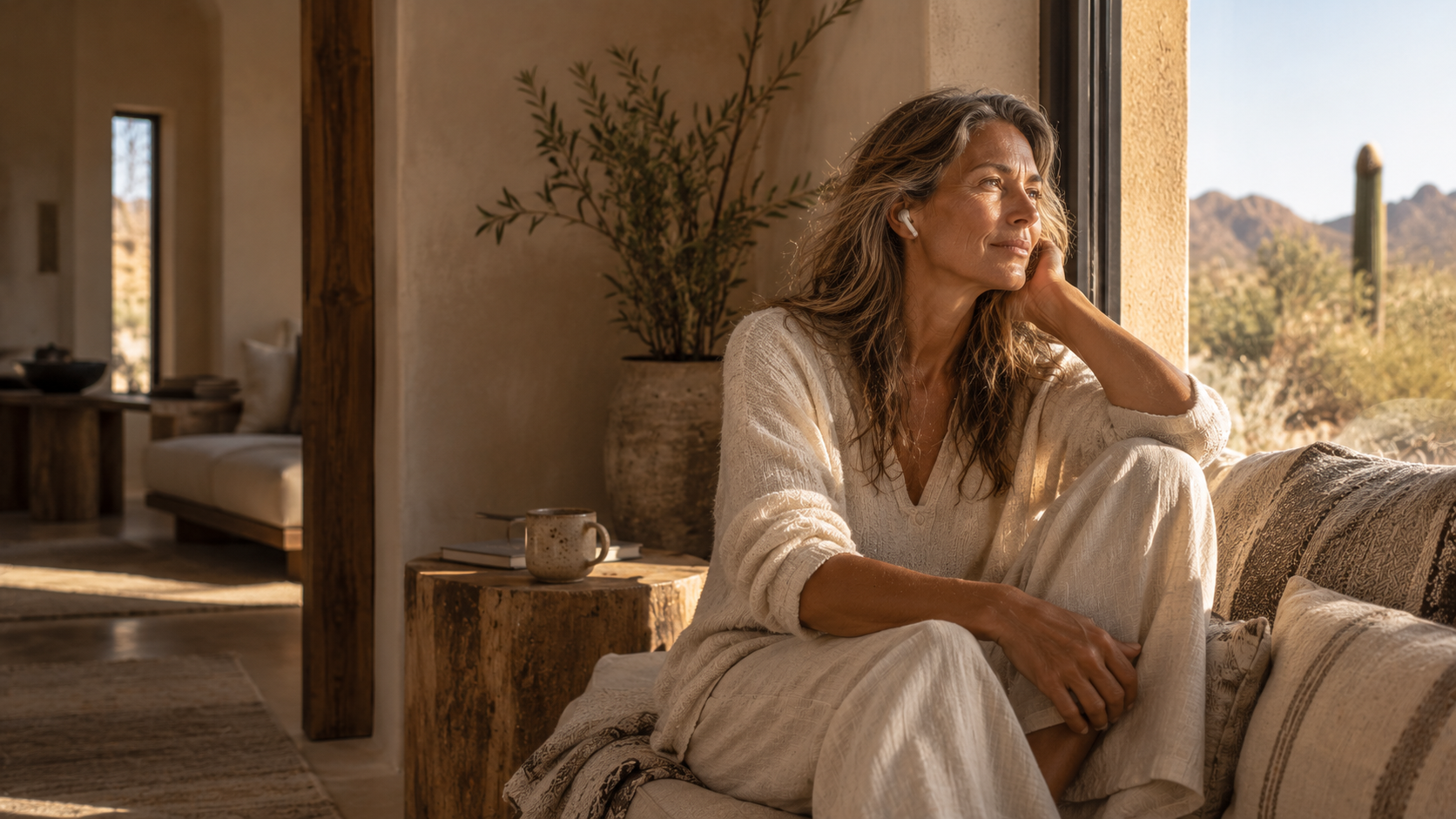 Woman wearing wireless earbuds by a sunlit desert window, listening to sound as part of her everyday morning ritual.