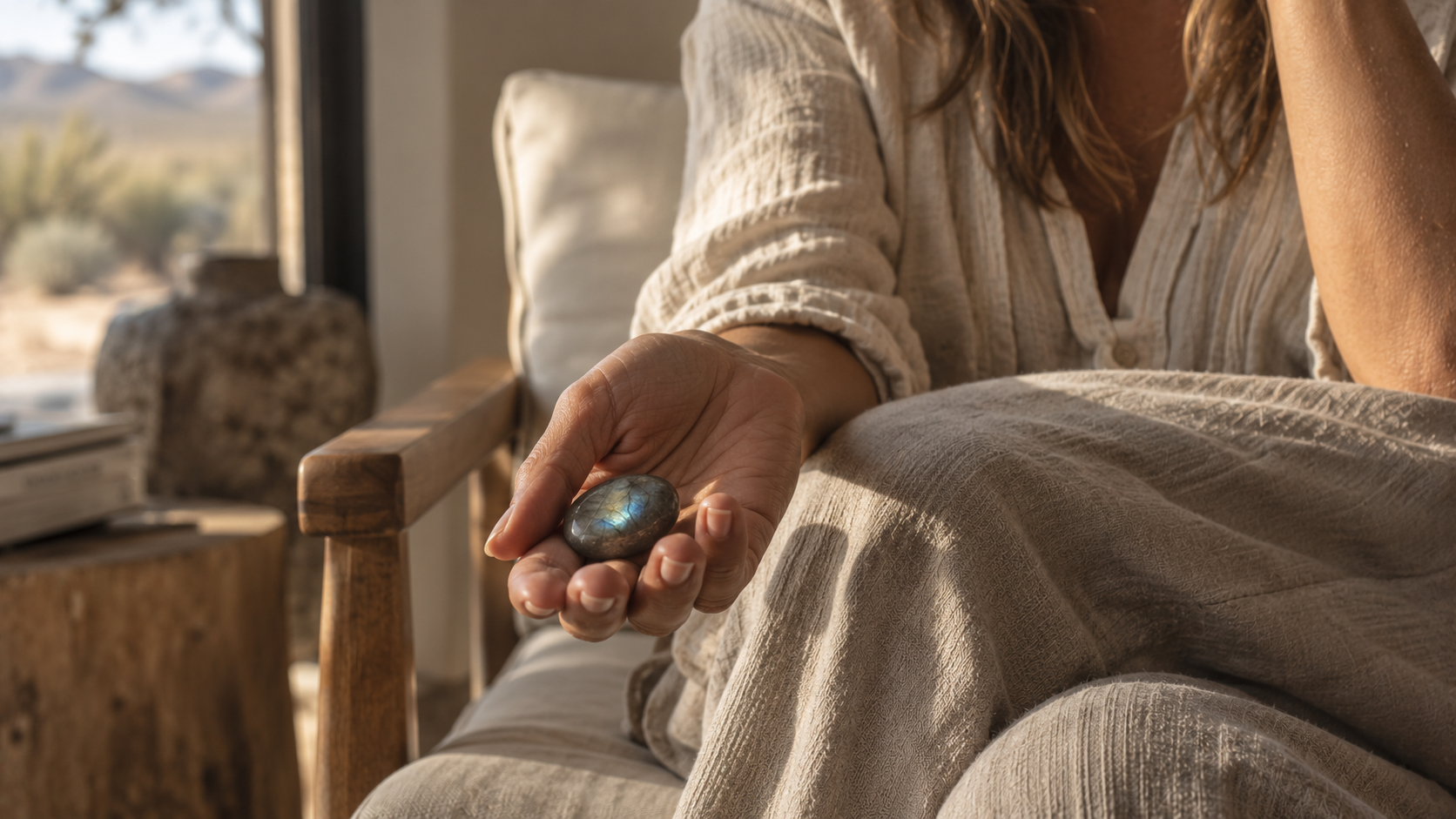 Labradorite Pocket Rock held in a woman’s hand as a simple everyday grounding ritual.