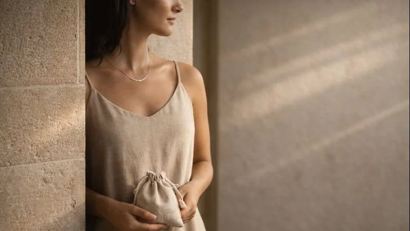 A woman in a beige dress and necklace holding a small beige pouch, standing against a stone wall with soft lighting.