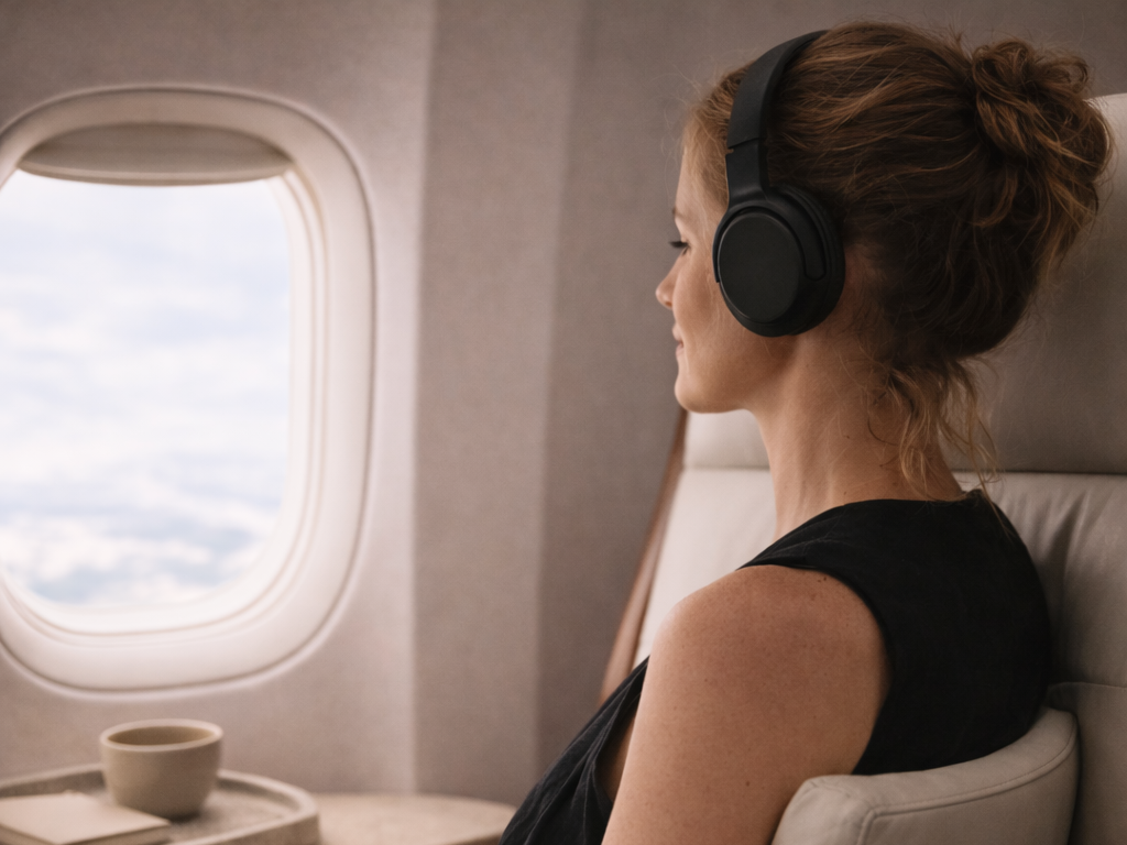 A woman with curly hair in a bun wearing headphones, sitting on an airplane seat next to a window, looking at the sky.