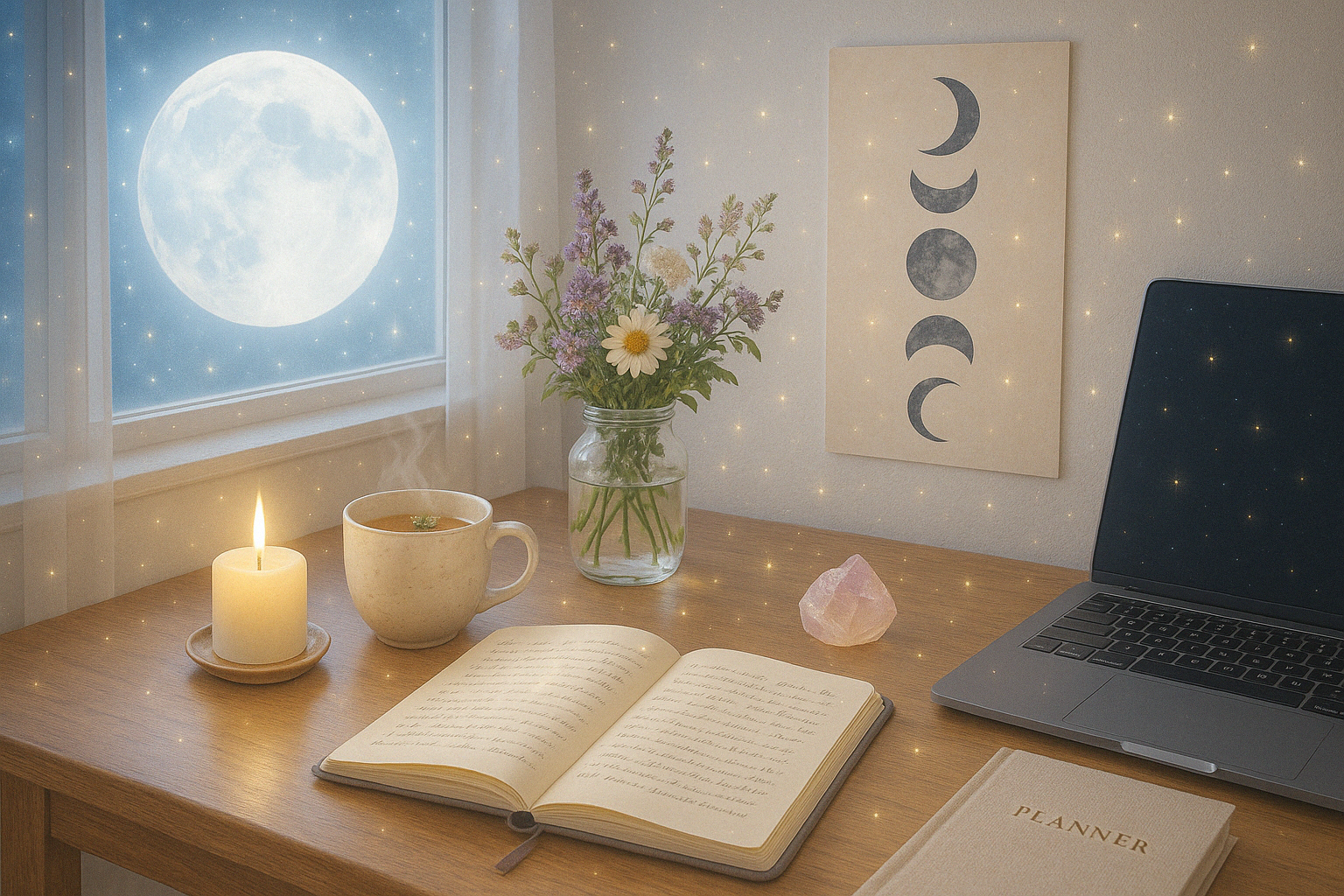 A cozy, moonlit desk with a candle, journal, crystal, mug of tea, and a laptop—surrounded by flowers and spiritual touches.