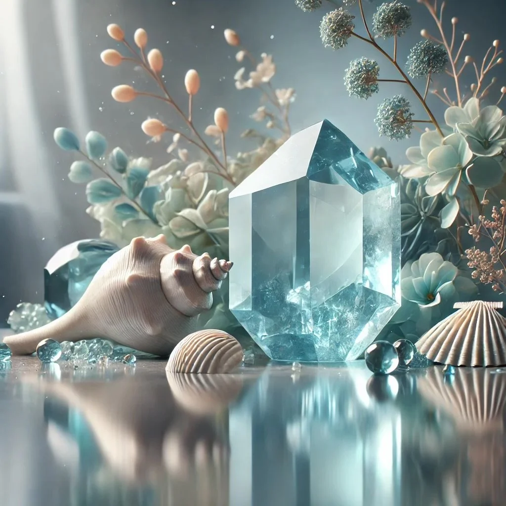 A polished aquamarine crystal on a reflective surface, surrounded by seashells, flowing water, and soft natural light, evoking tranquility.