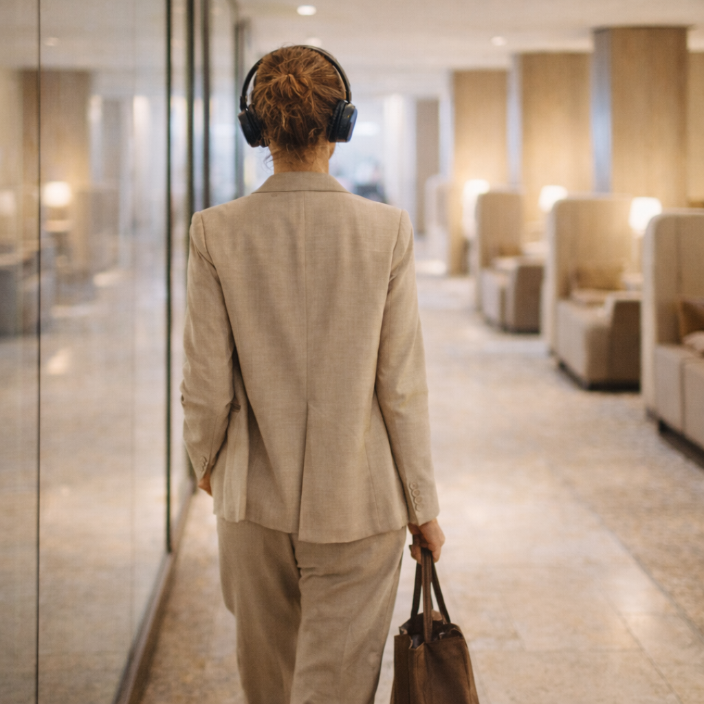 Back view of a woman with curly hair wearing a beige business suit, headphones, and carrying a brown leather bag, walking in an airport or hotel corridor.
