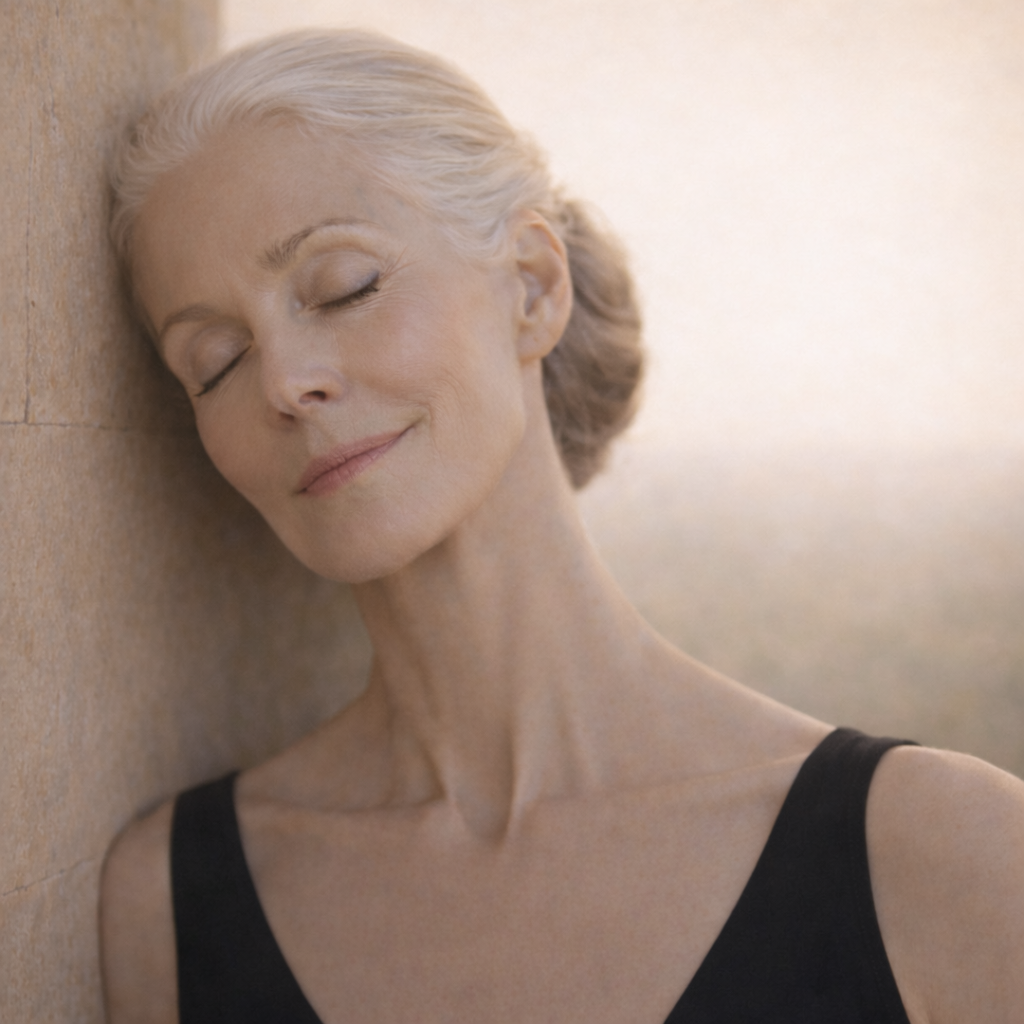 An elderly woman with gray hair resting her head against a wall with her eyes closed and a peaceful expression.
