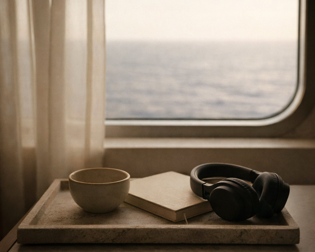 A table near a window with a view of the ocean, holding a cup, a closed book, and a pair of black headphones.